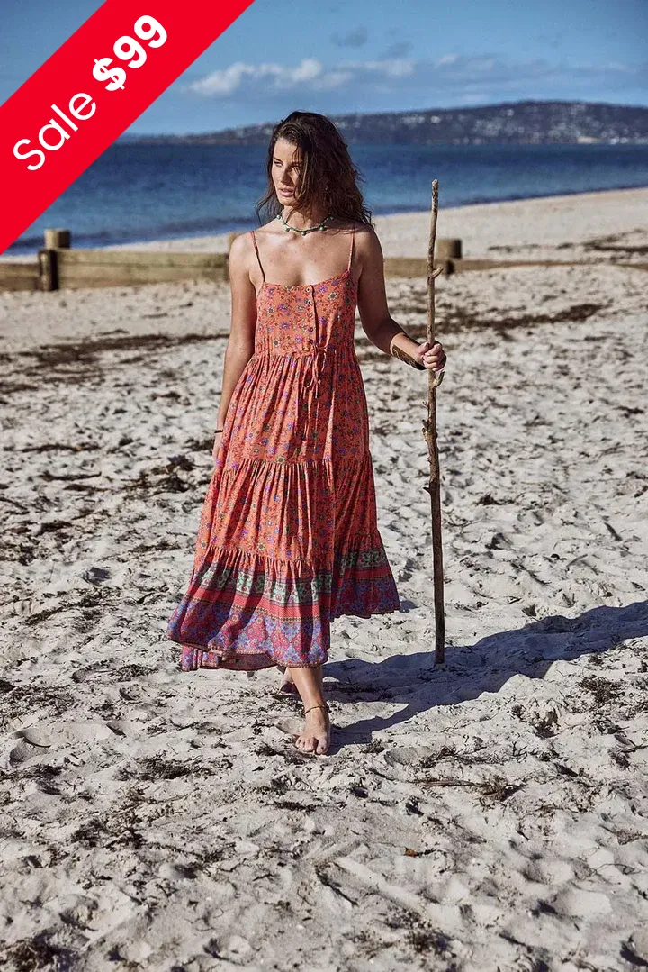 Folk Floral Midi Dress with Pockets