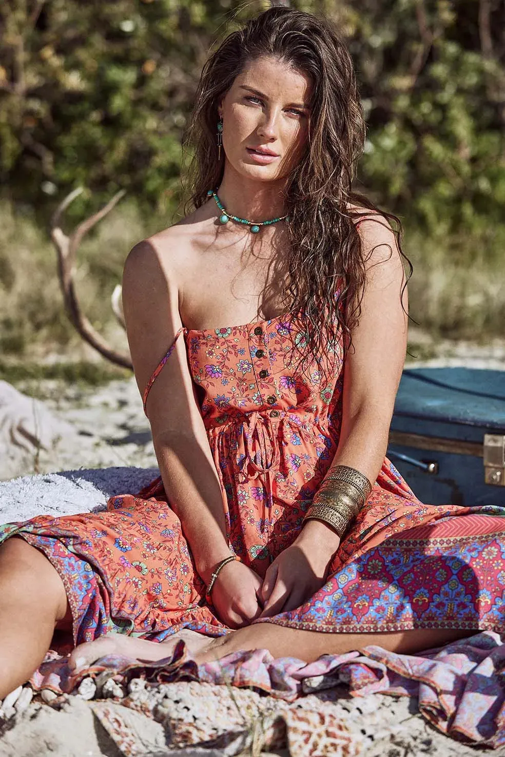 Folk Floral Midi Dress with Pockets