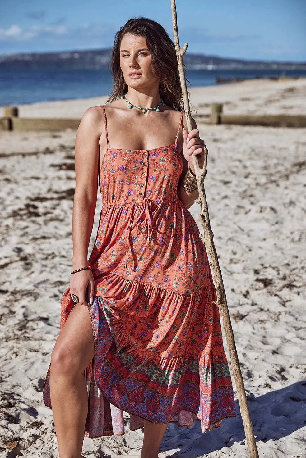 Folk Floral Midi Dress with Pockets