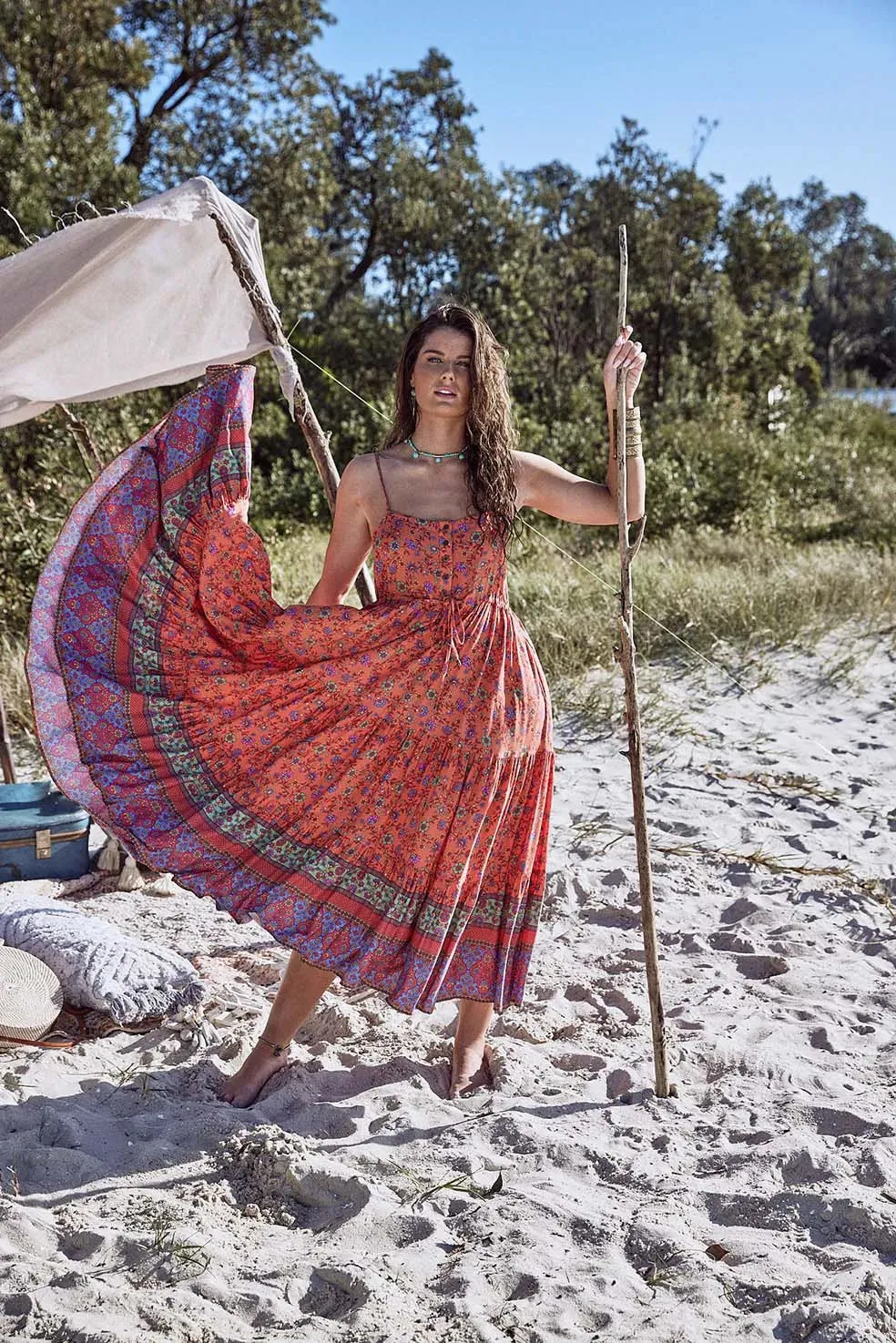 Folk Floral Midi Dress with Pockets