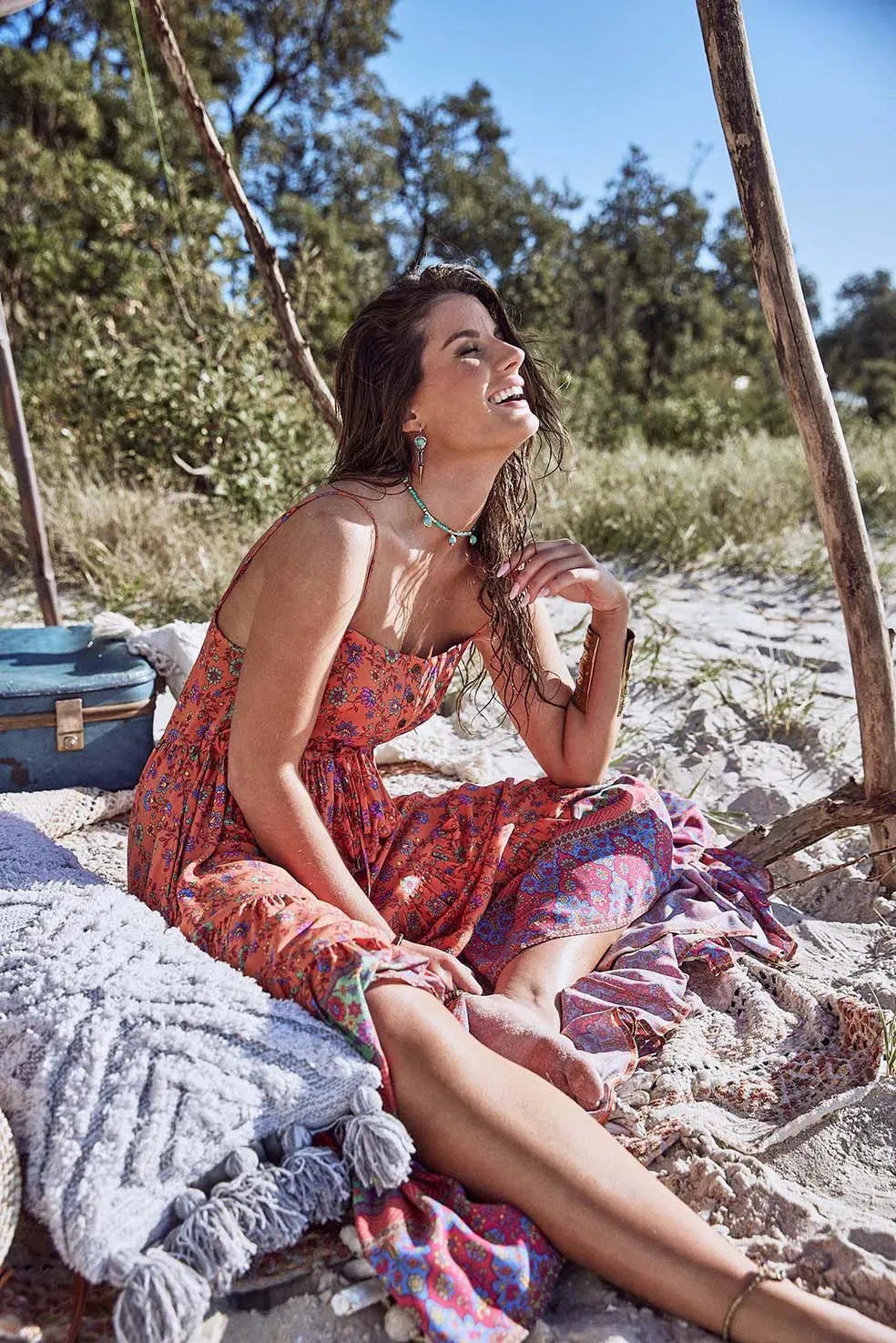Folk Floral Midi Dress with Pockets