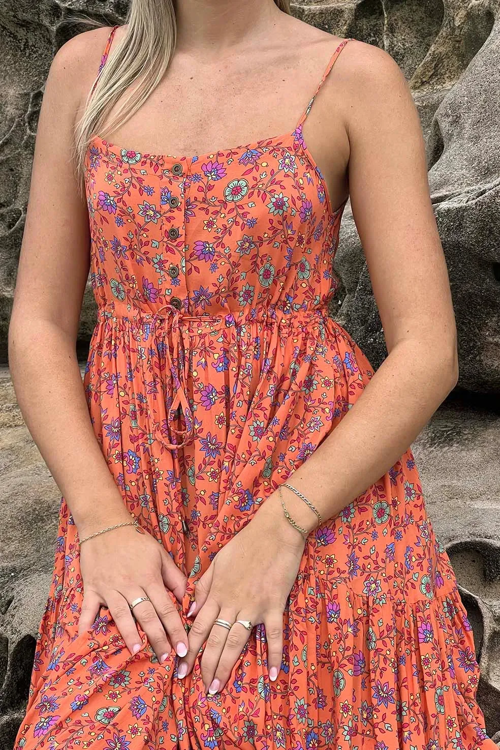 Folk Floral Midi Dress with Pockets