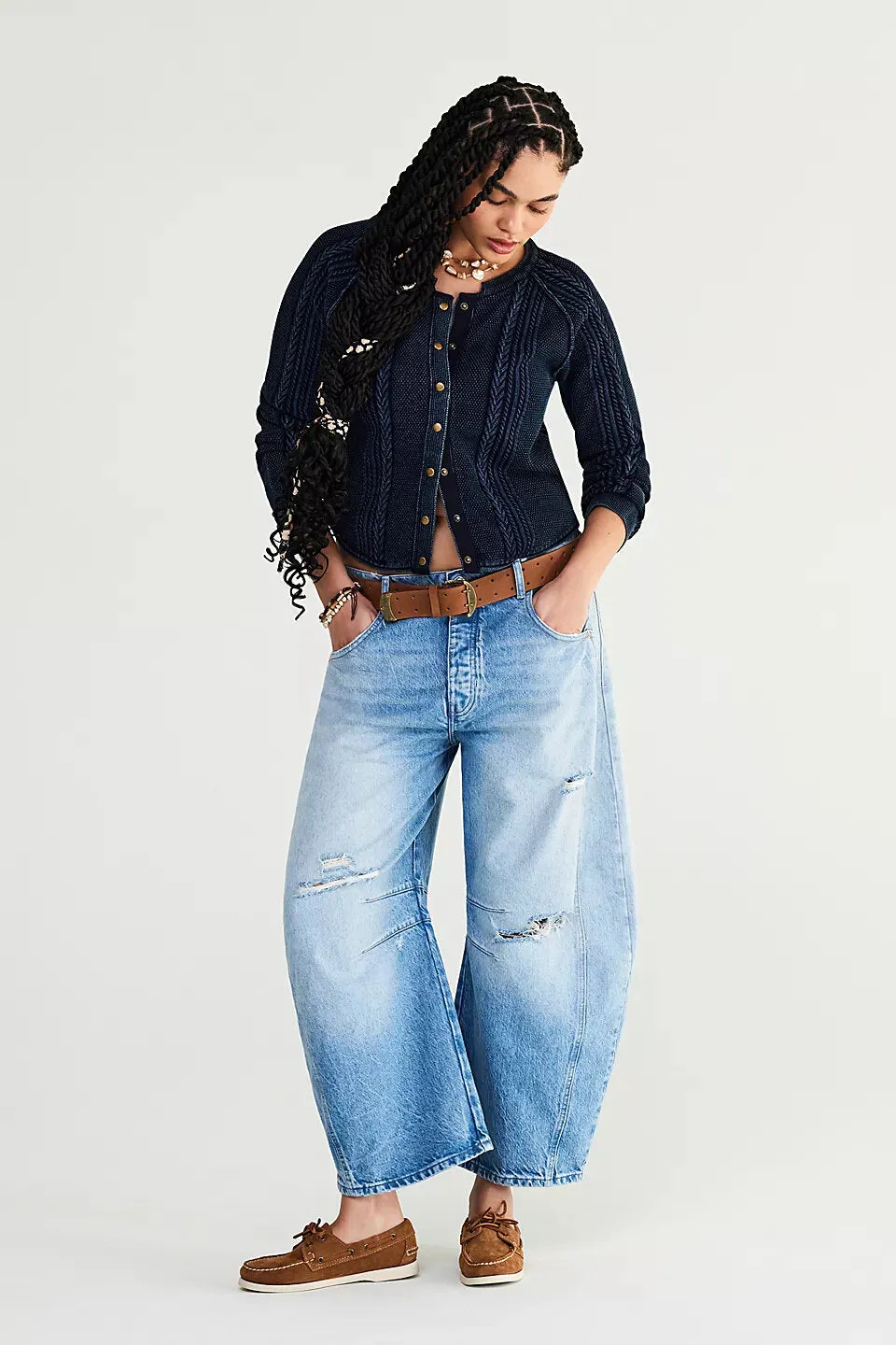 Free People Lucky You Mid Rise Barrel Jeans in Barnyard Blue
