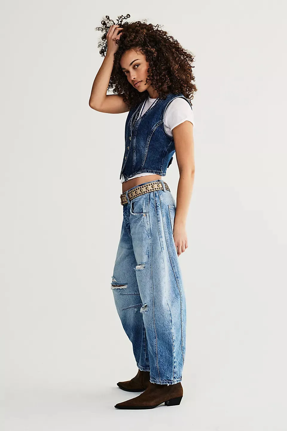 Free People Lucky You Mid Rise Barrel Jeans in Barnyard Blue