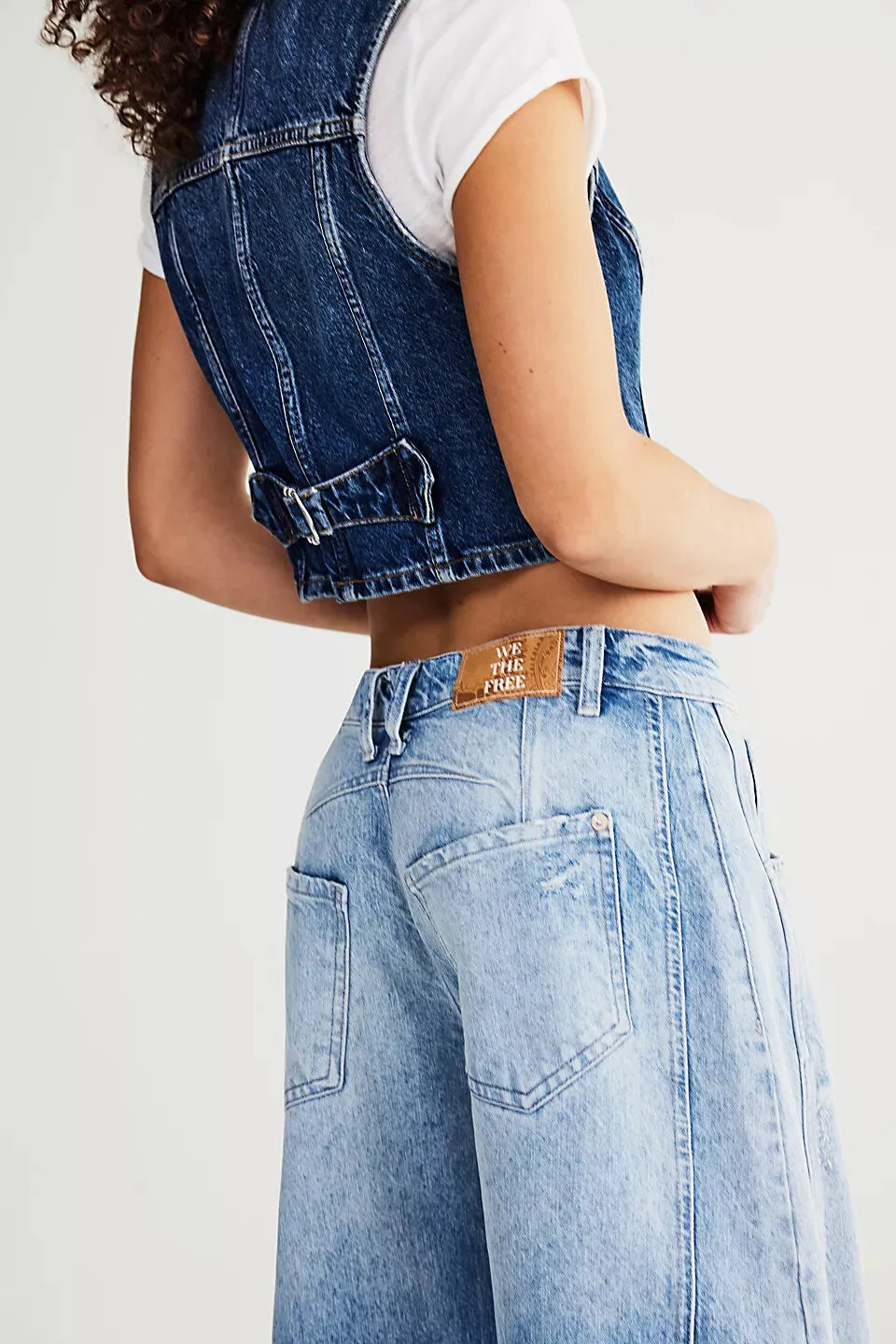 Free People Lucky You Mid Rise Barrel Jeans in Barnyard Blue