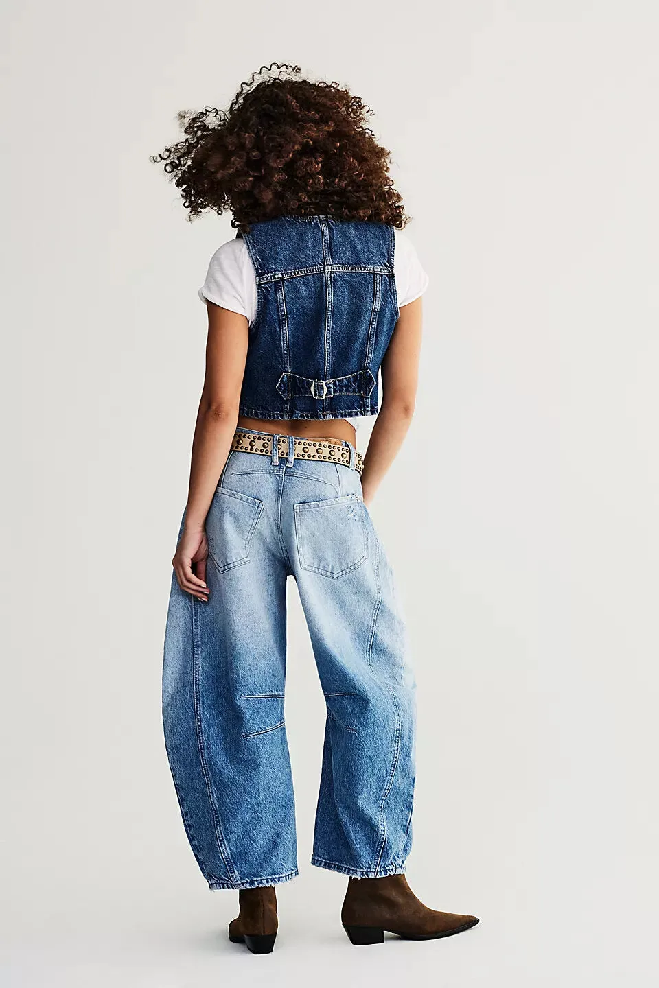 Free People Lucky You Mid Rise Barrel Jeans in Barnyard Blue