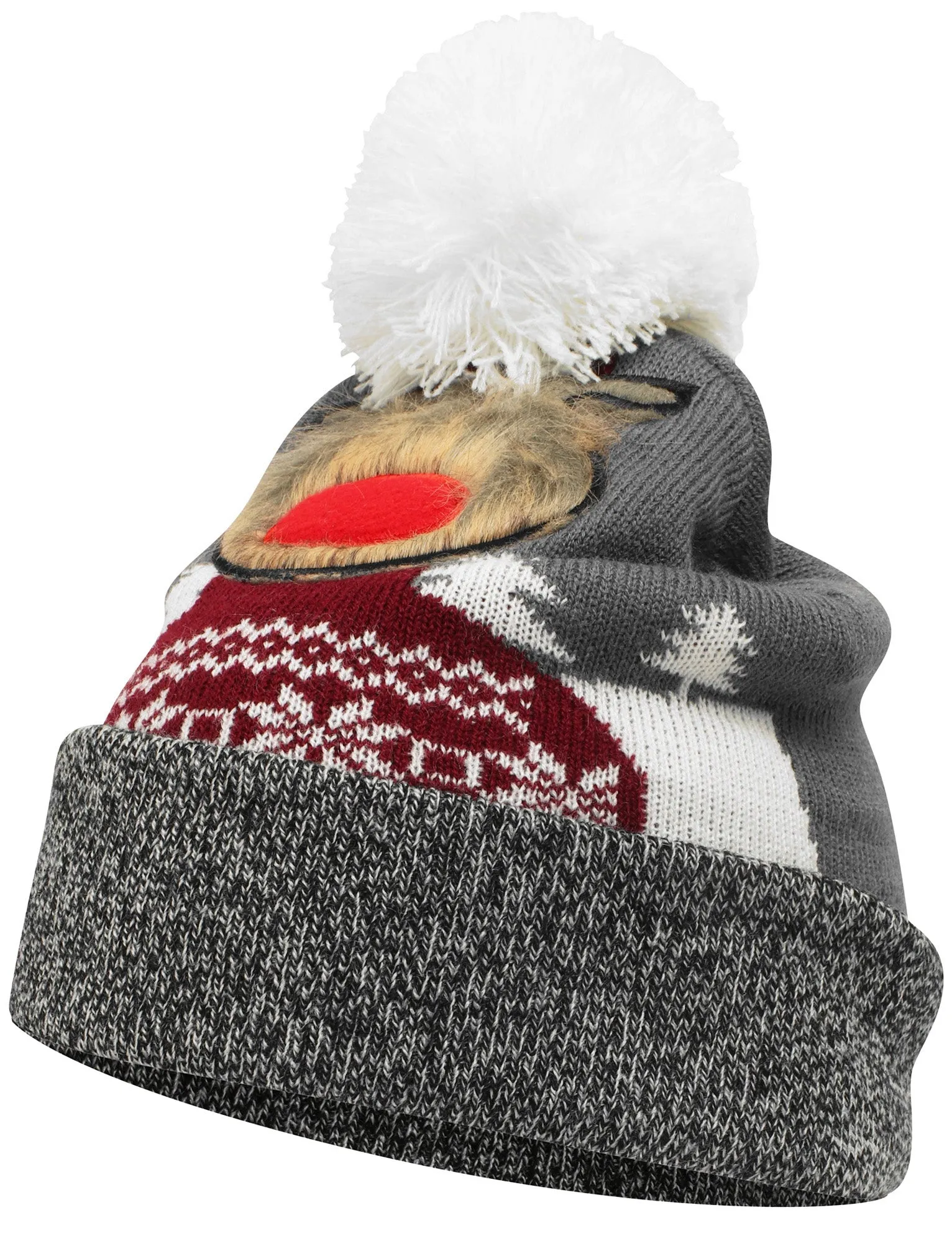Furry Reindeer Beanie Novelty Bobble Hat in Mid Grey Marl - Season’s Greetings