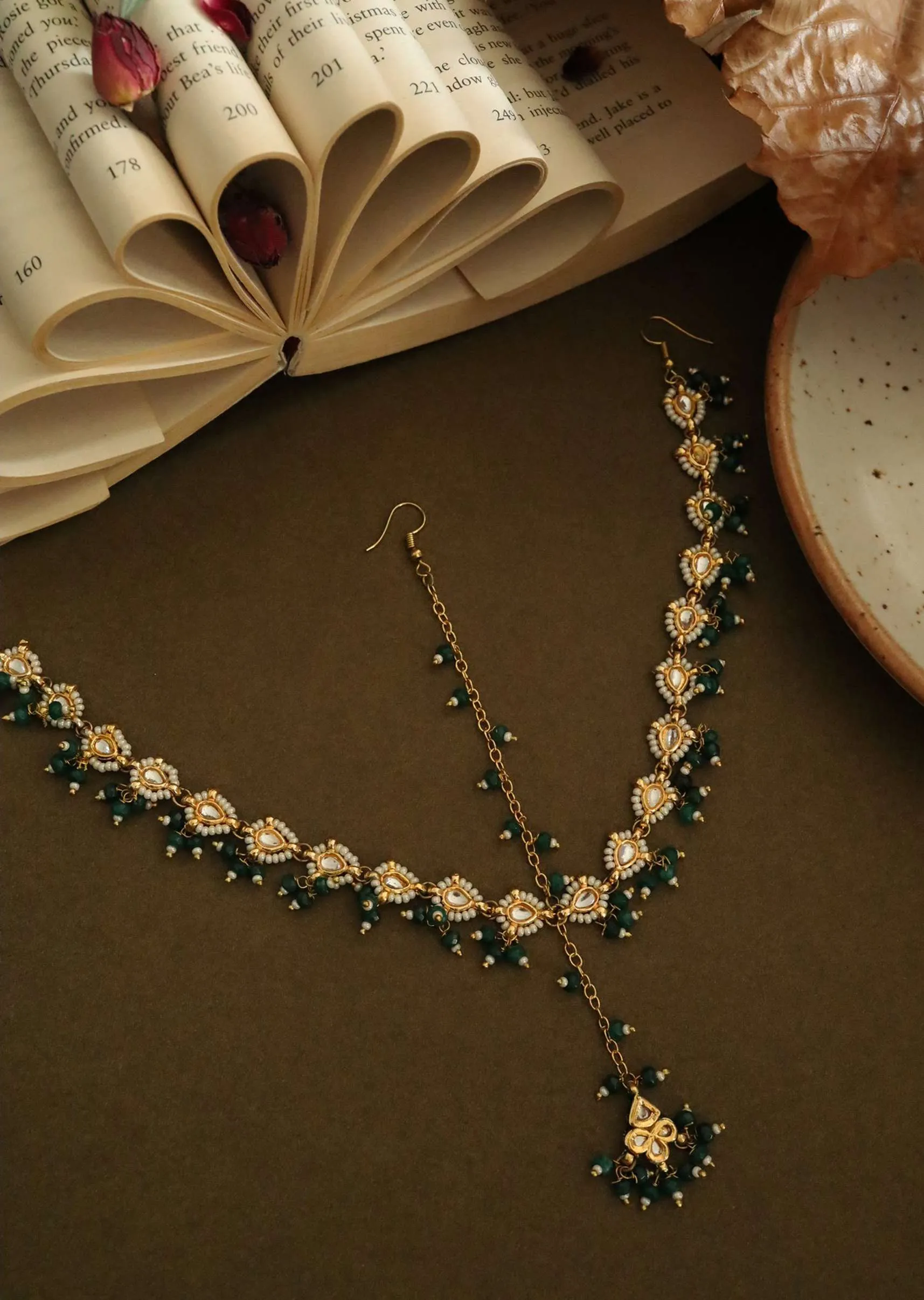 Gold Kundan Matha Patti With Delicate Green Stone And Pearl Accents By Paisley Pop