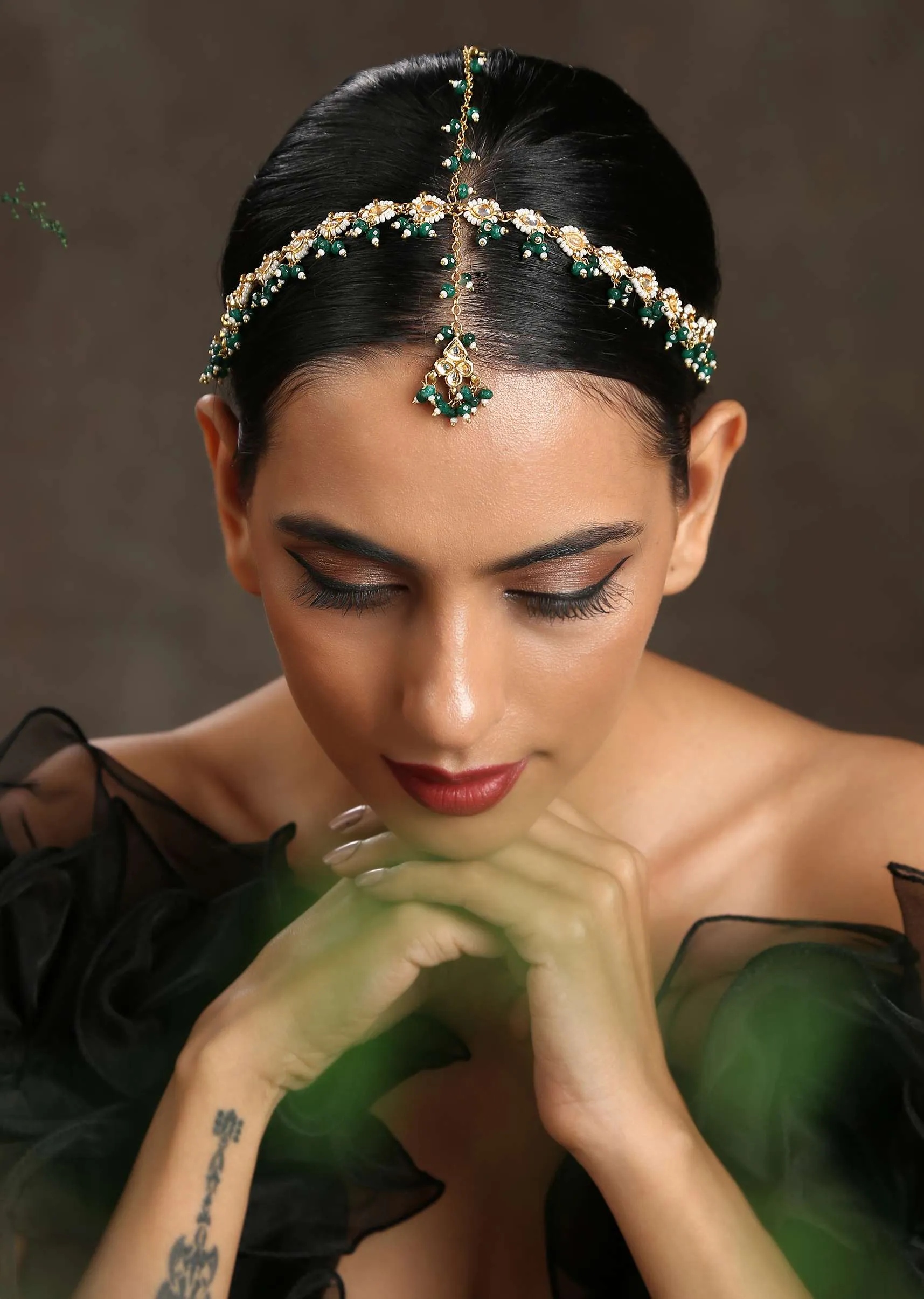 Gold Kundan Matha Patti With Delicate Green Stone And Pearl Accents By Paisley Pop