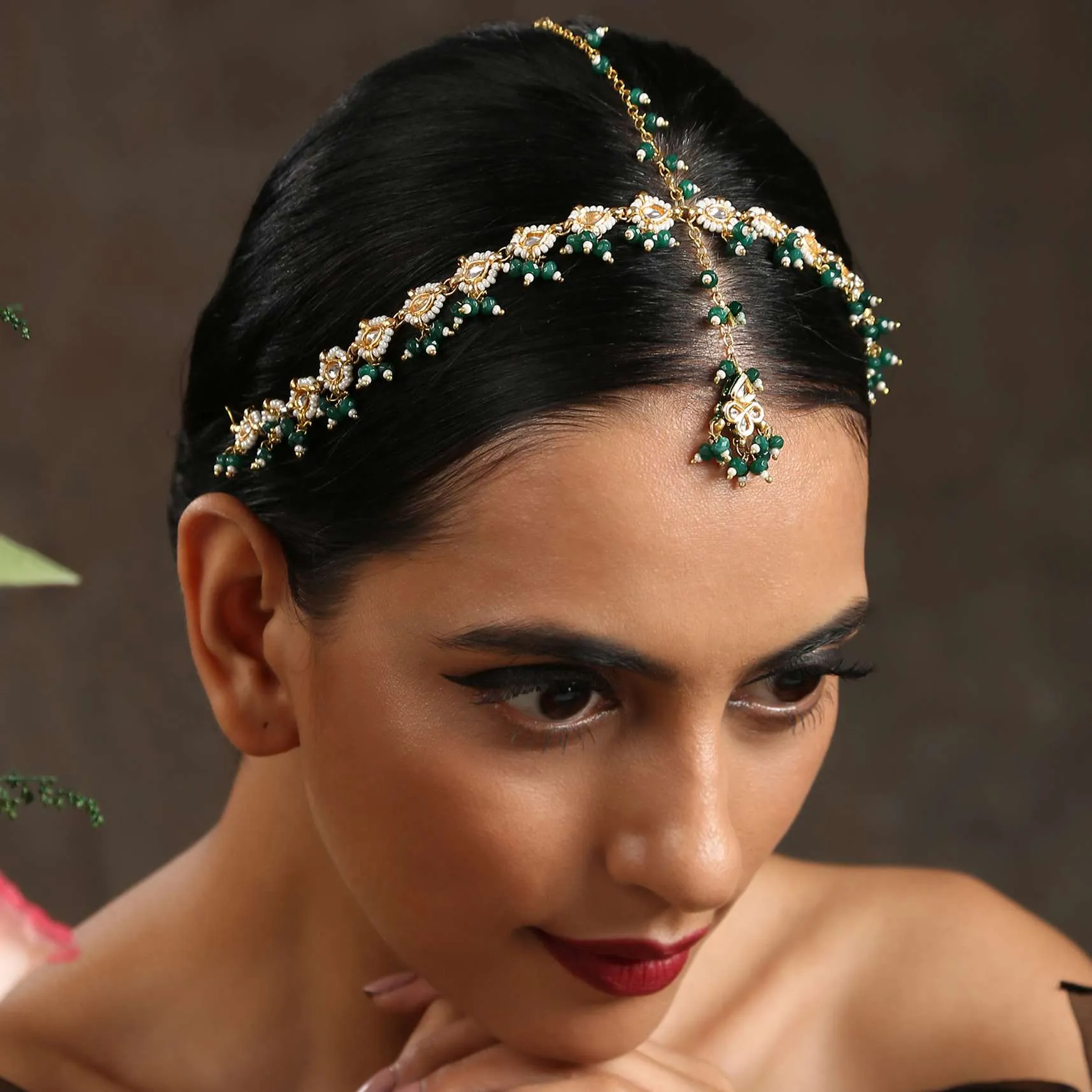 Gold Kundan Matha Patti With Delicate Green Stone And Pearl Accents By Paisley Pop