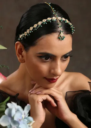 Gold Kundan Matha Patti With Delicate Green Stone And Pearl Accents By Paisley Pop