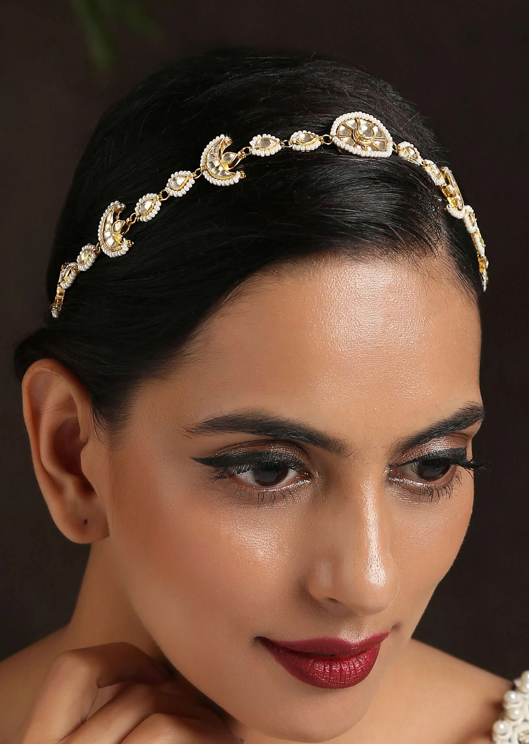 Gold Varini Headband With Severl Kundan Units Lined With Pearls By Paisley Pop
