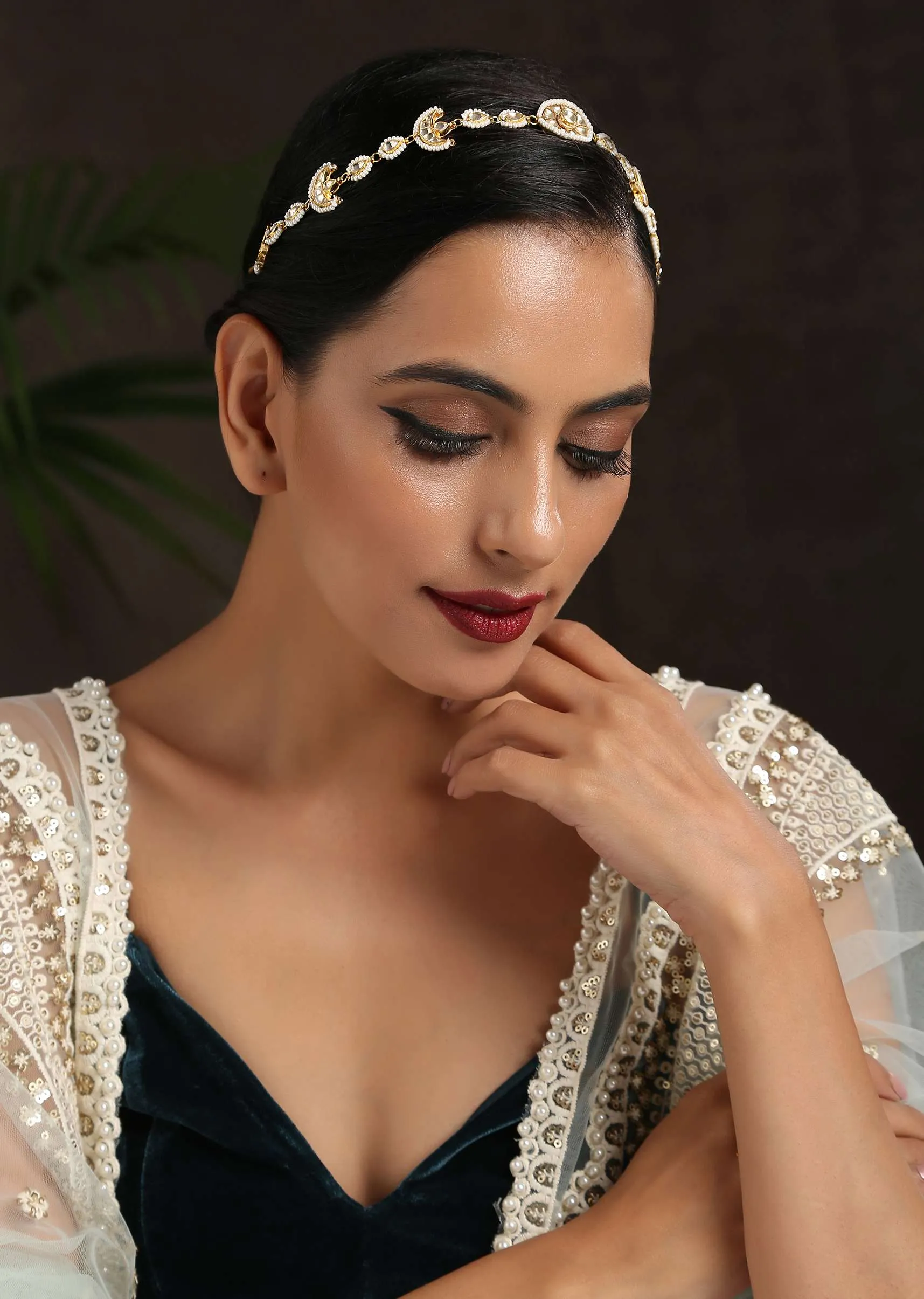Gold Varini Headband With Severl Kundan Units Lined With Pearls By Paisley Pop