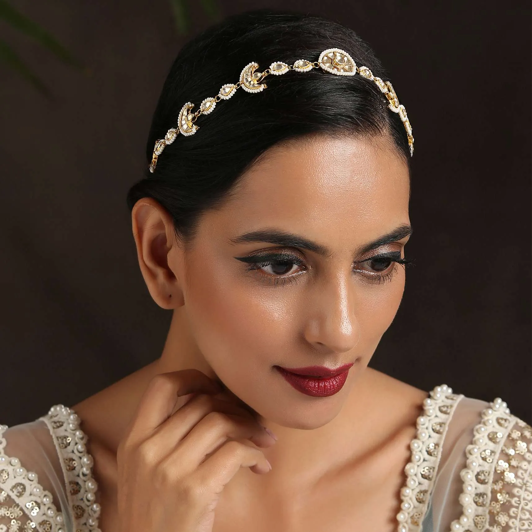 Gold Varini Headband With Severl Kundan Units Lined With Pearls By Paisley Pop
