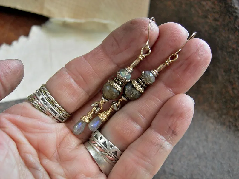 Golden Labradorite Earrings, Red Brass Wire Wrap & 14kt Gold