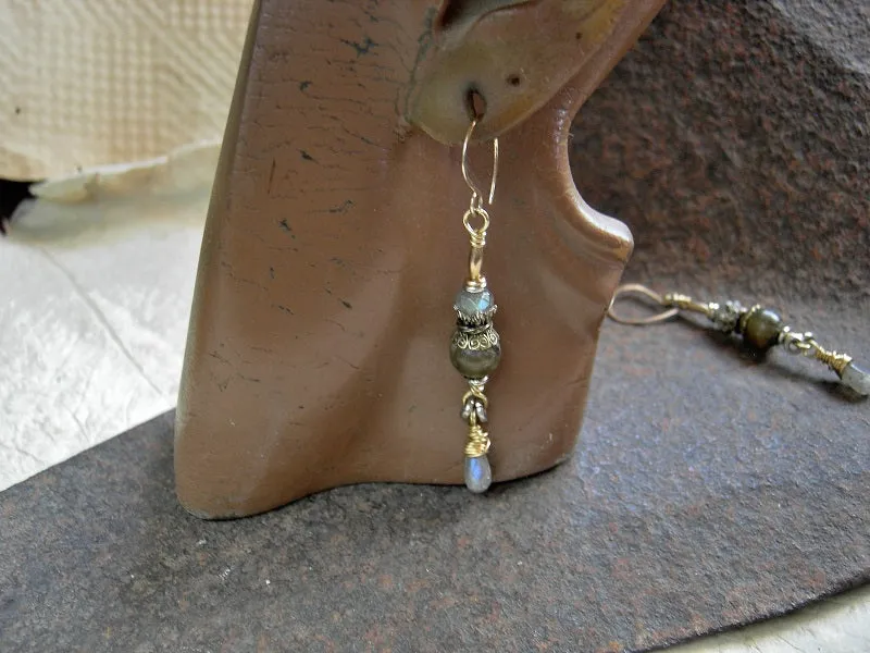 Golden Labradorite Earrings, Red Brass Wire Wrap & 14kt Gold
