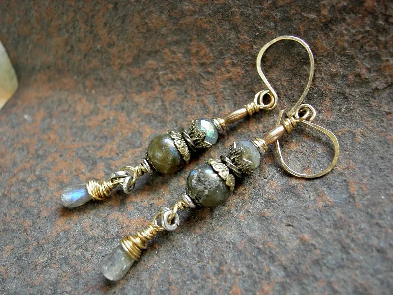 Golden Labradorite Earrings, Red Brass Wire Wrap & 14kt Gold