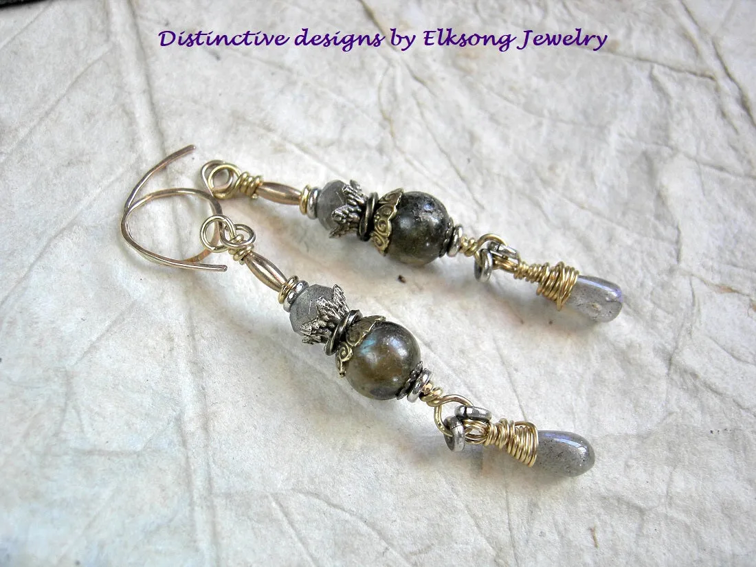 Golden Labradorite Earrings, Red Brass Wire Wrap & 14kt Gold