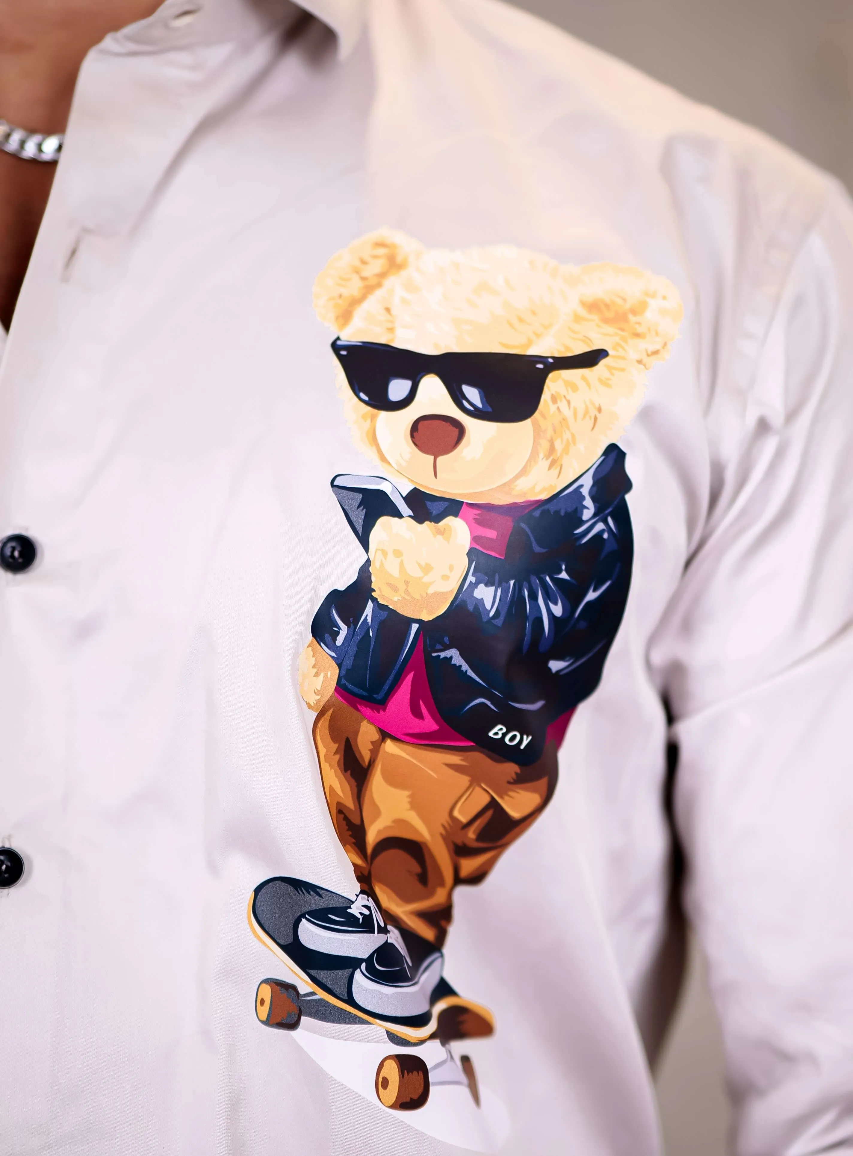 Grey Club Wear Skateboard Cartoon Printed Satin Cotton Shirt