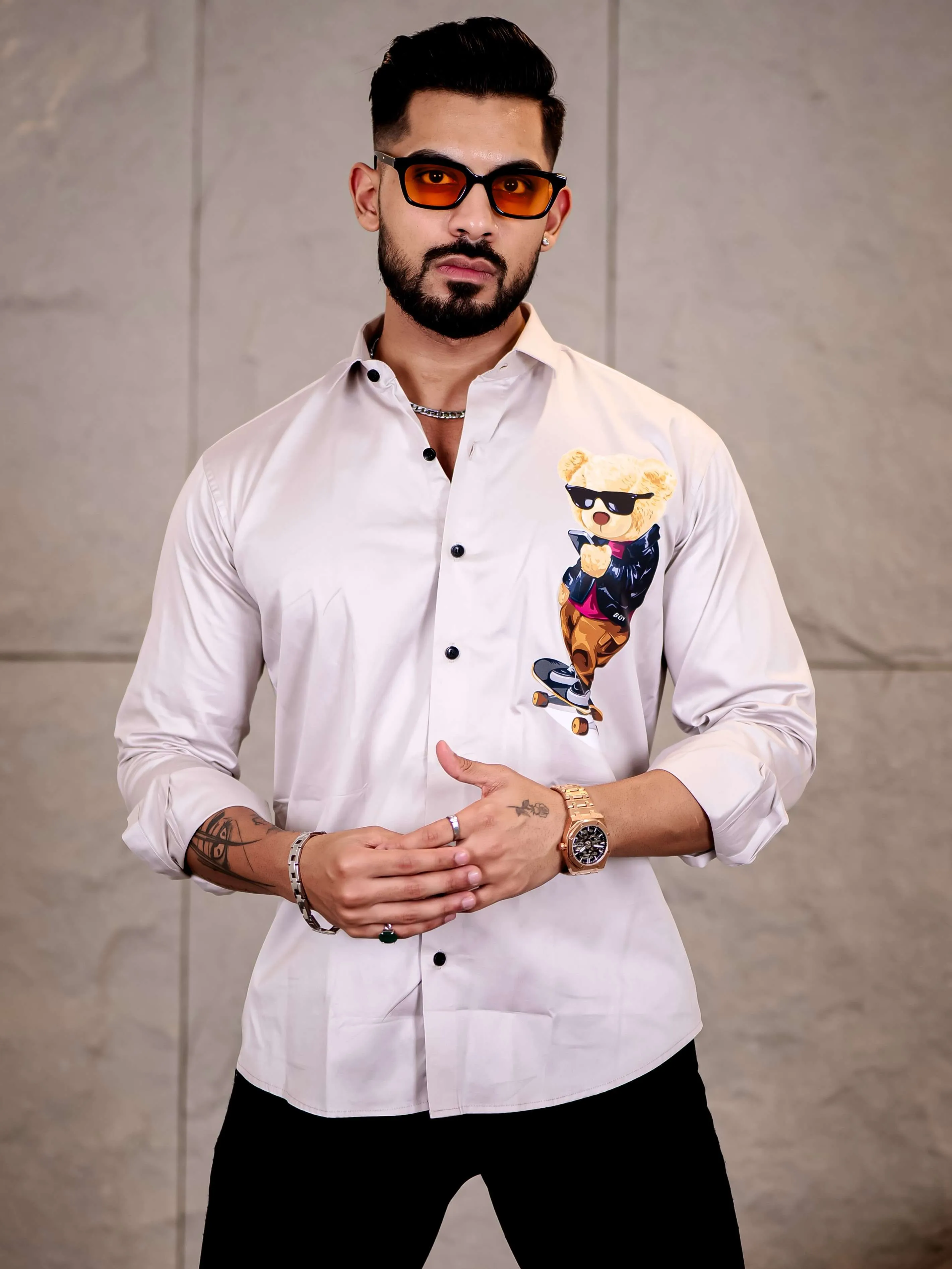 Grey Club Wear Skateboard Cartoon Printed Satin Cotton Shirt