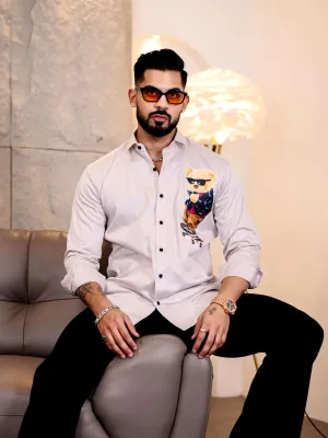 Grey Club Wear Skateboard Cartoon Printed Satin Cotton Shirt