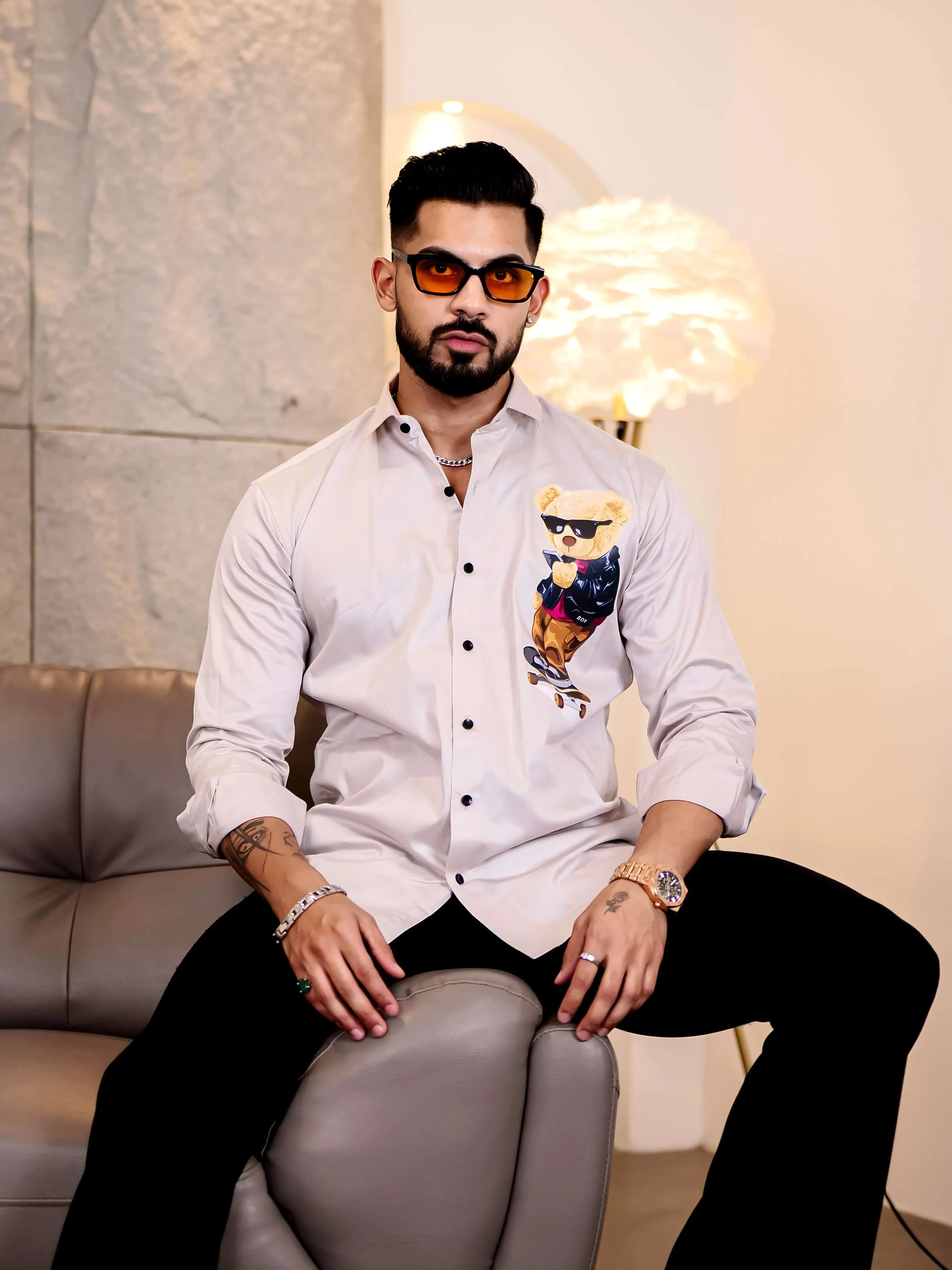 Grey Club Wear Skateboard Cartoon Printed Satin Cotton Shirt