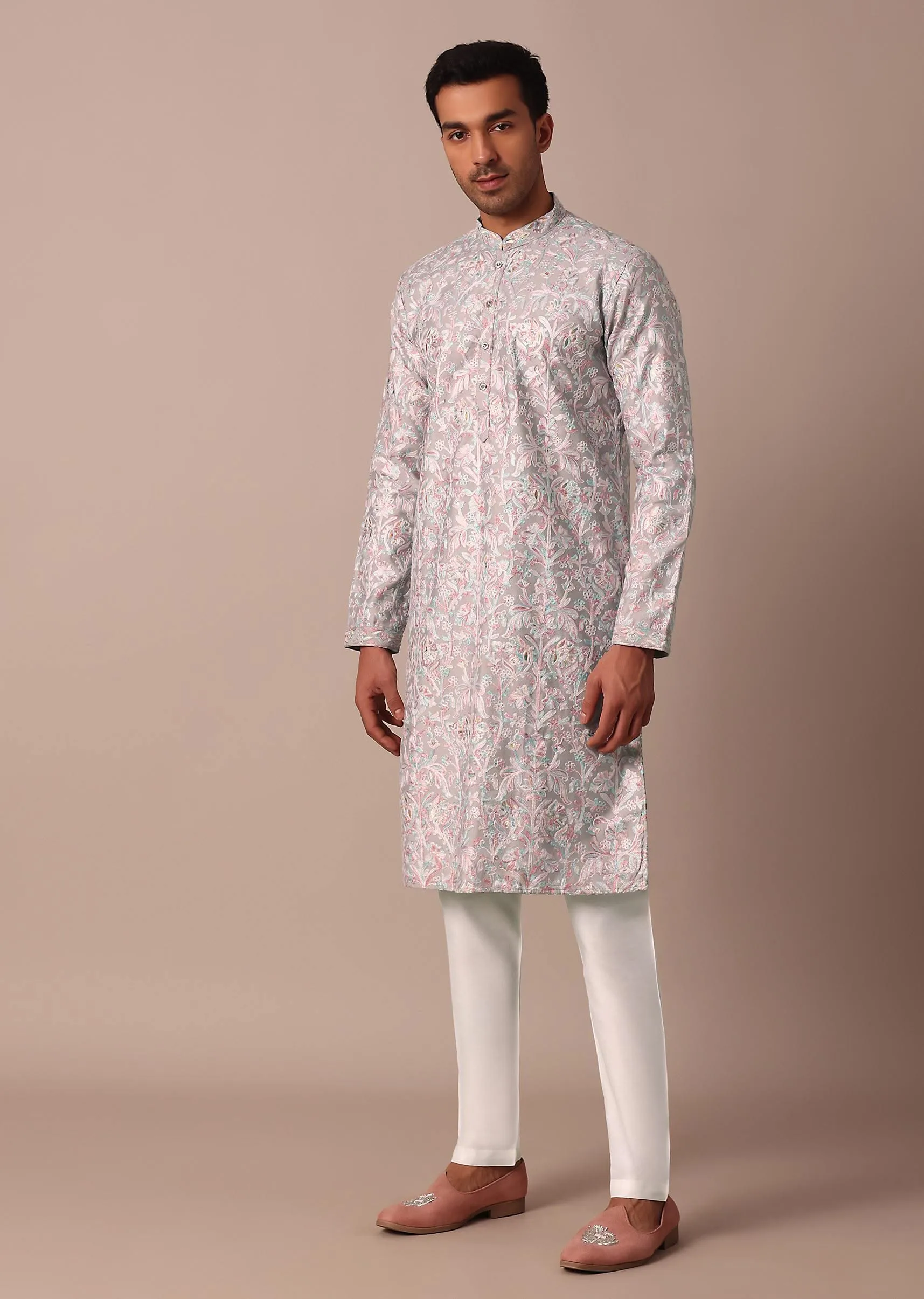 Grey Cotton Floral Embroidered Kurta Set