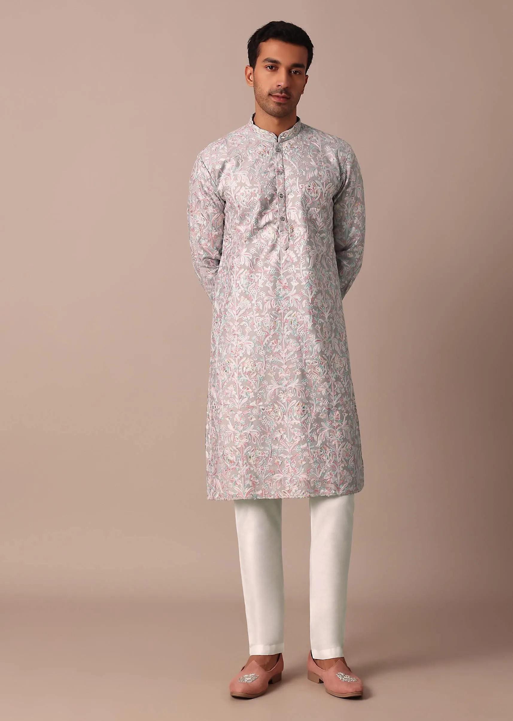 Grey Cotton Floral Embroidered Kurta Set