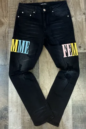 Homme Femme- letterman w/ multi color letters denim jeans