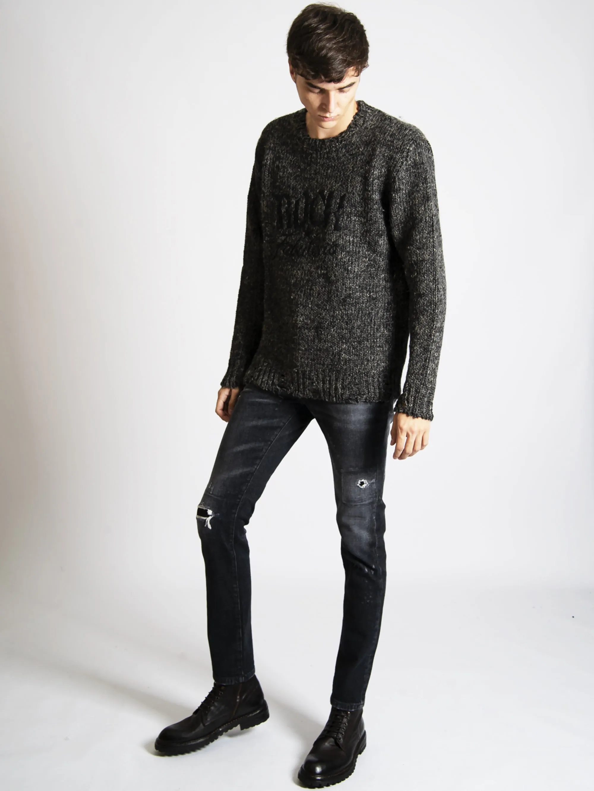 Jeans con Strappi e Toppe Denim Black