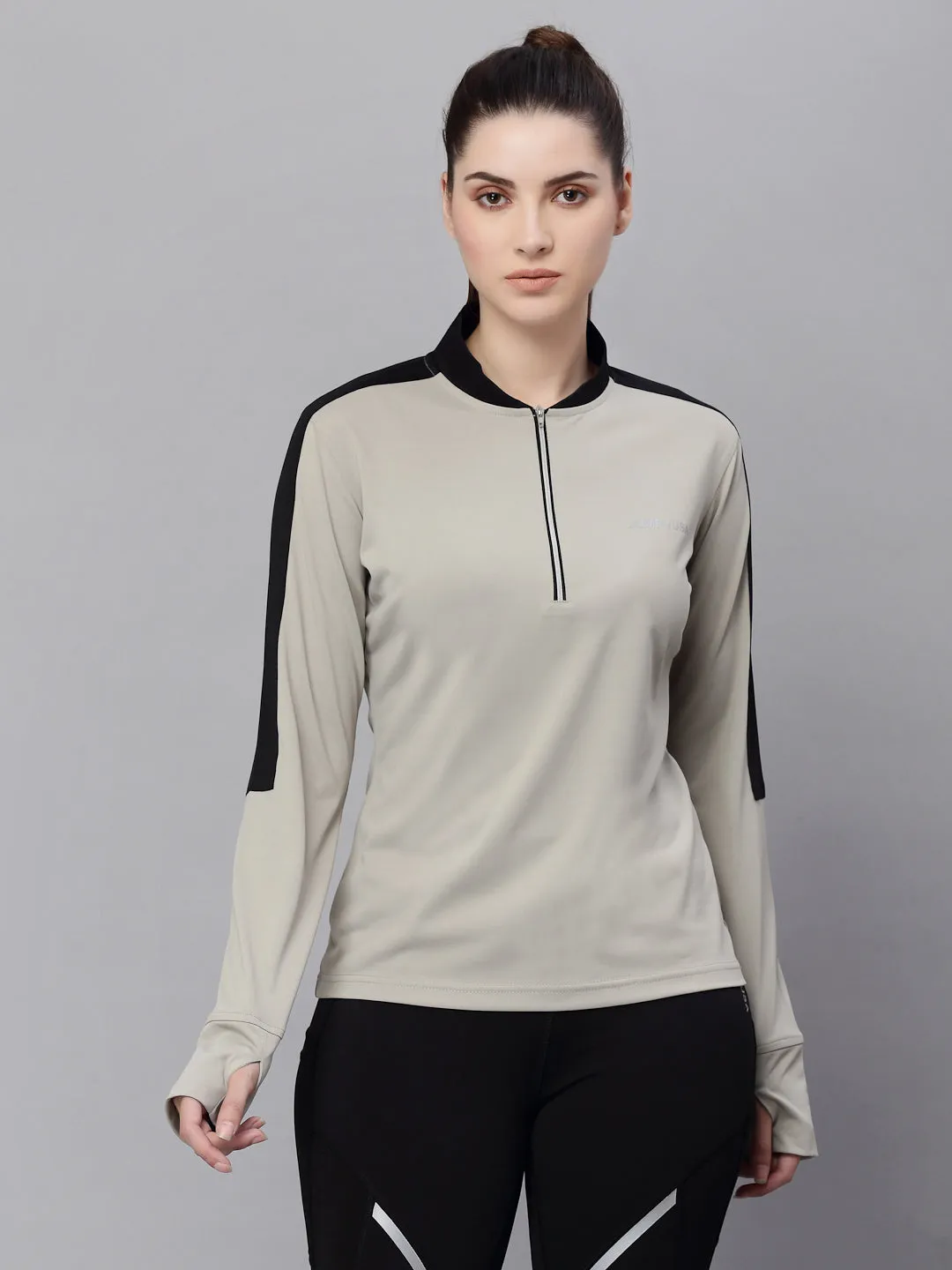 JUMP USA Women Grey & Black Solid Rapid-Dry Training T-shirt