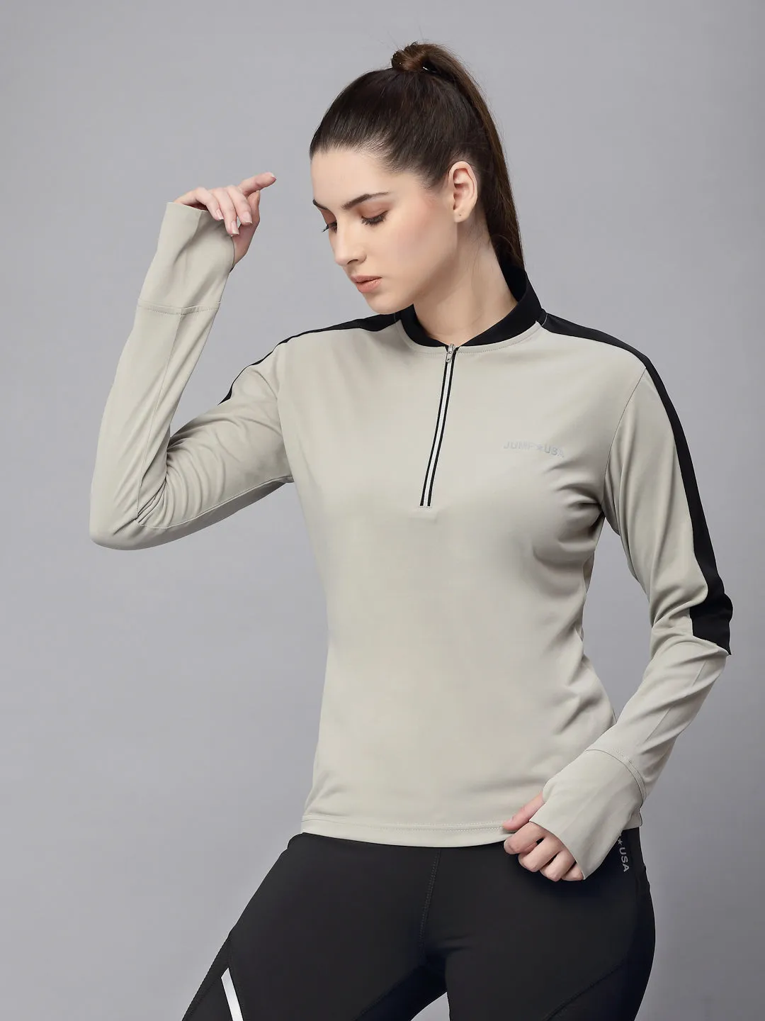 JUMP USA Women Grey & Black Solid Rapid-Dry Training T-shirt
