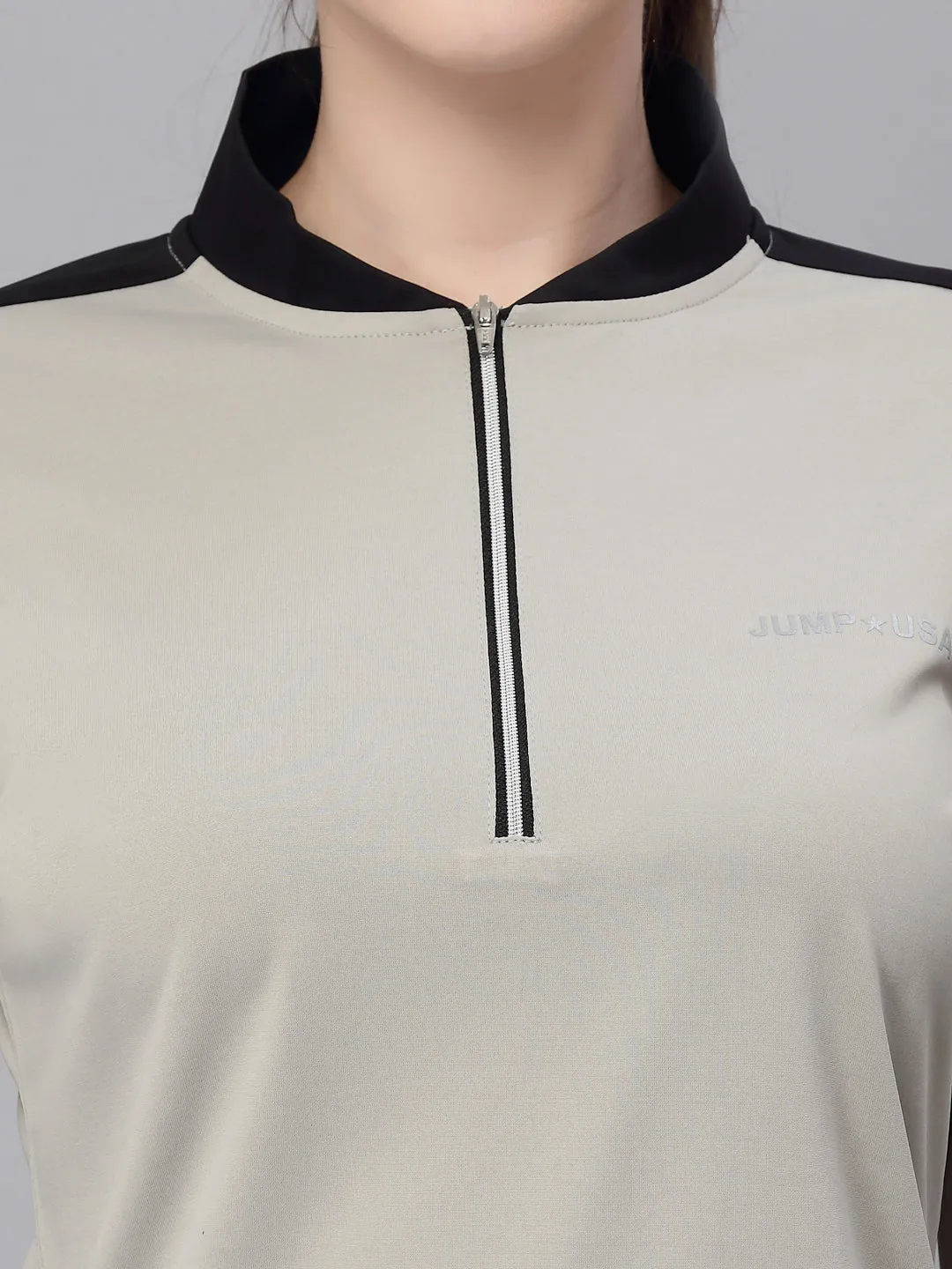 JUMP USA Women Grey & Black Solid Rapid-Dry Training T-shirt