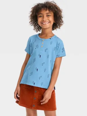 Kids Girl Graphic Printed Textured Henley Top,Blue