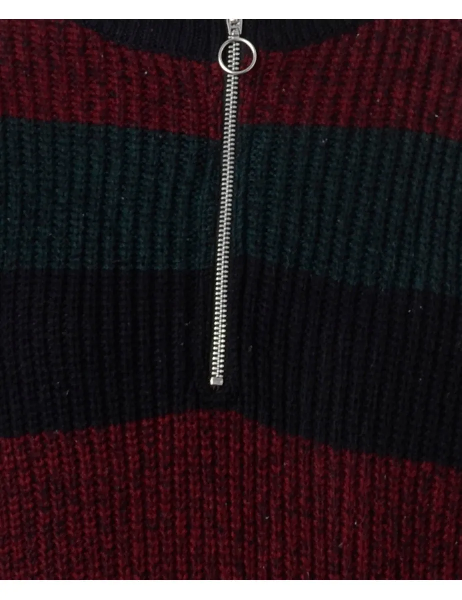 Label Striped Zip Front Knitted Jumper