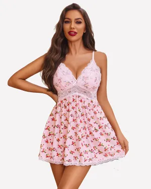 Lace Floral Print V-Neck Full Slip Dress