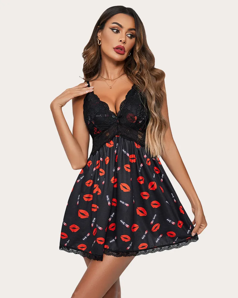 Lace Floral Print V-Neck Full Slip Dress
