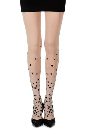 Ladies Beautiful Opaque Grey Black Hearts Print 120 Denier Nude Tights