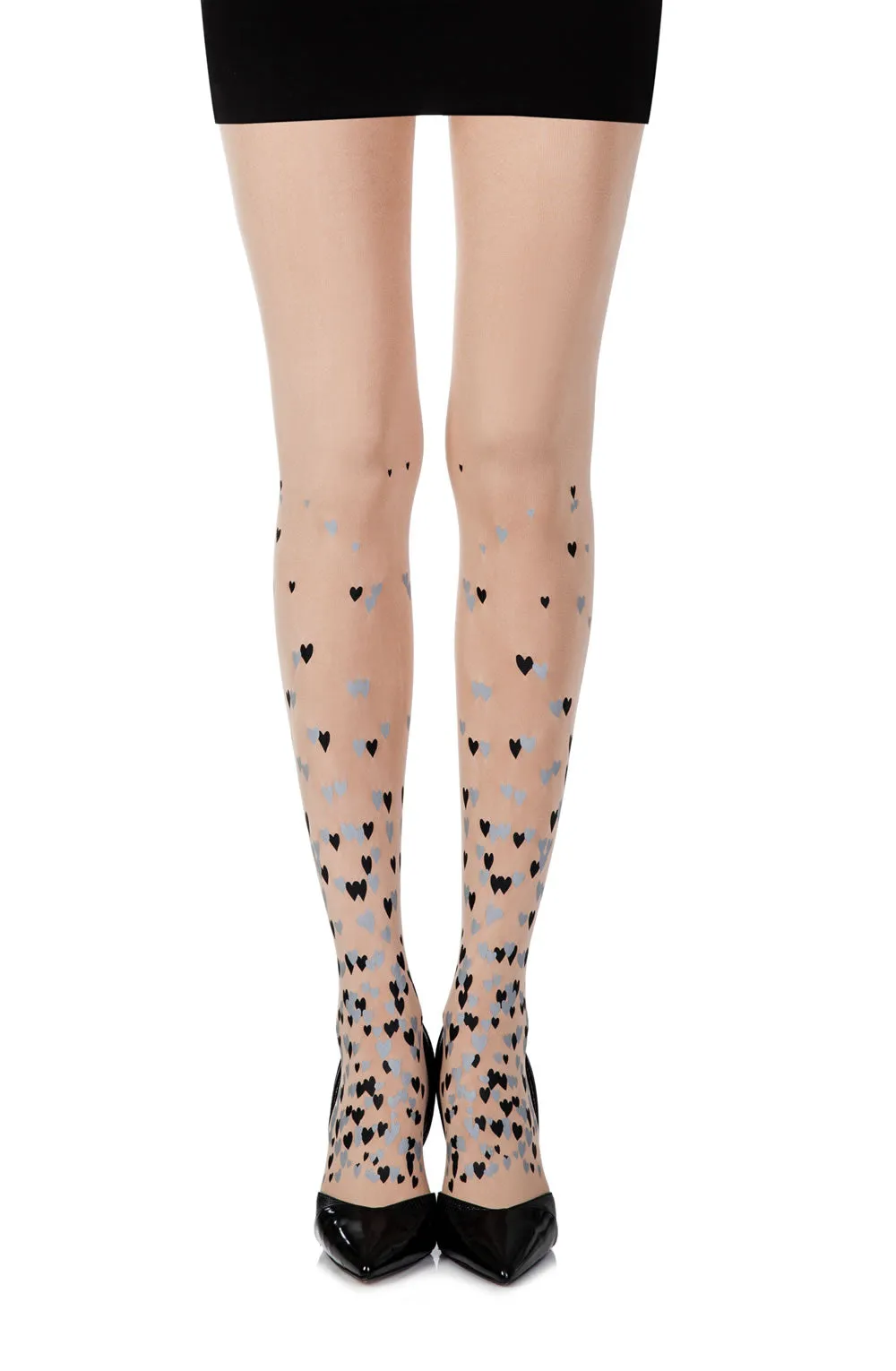 Ladies Beautiful Opaque Grey Black Hearts Print 120 Denier Nude Tights