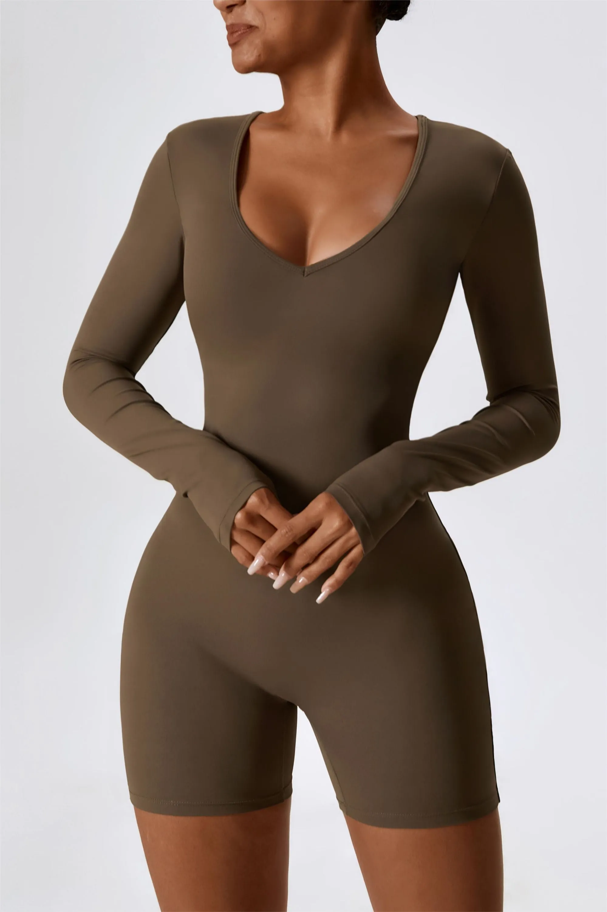 Long Sleeve Plunge Workout Romper Shorts