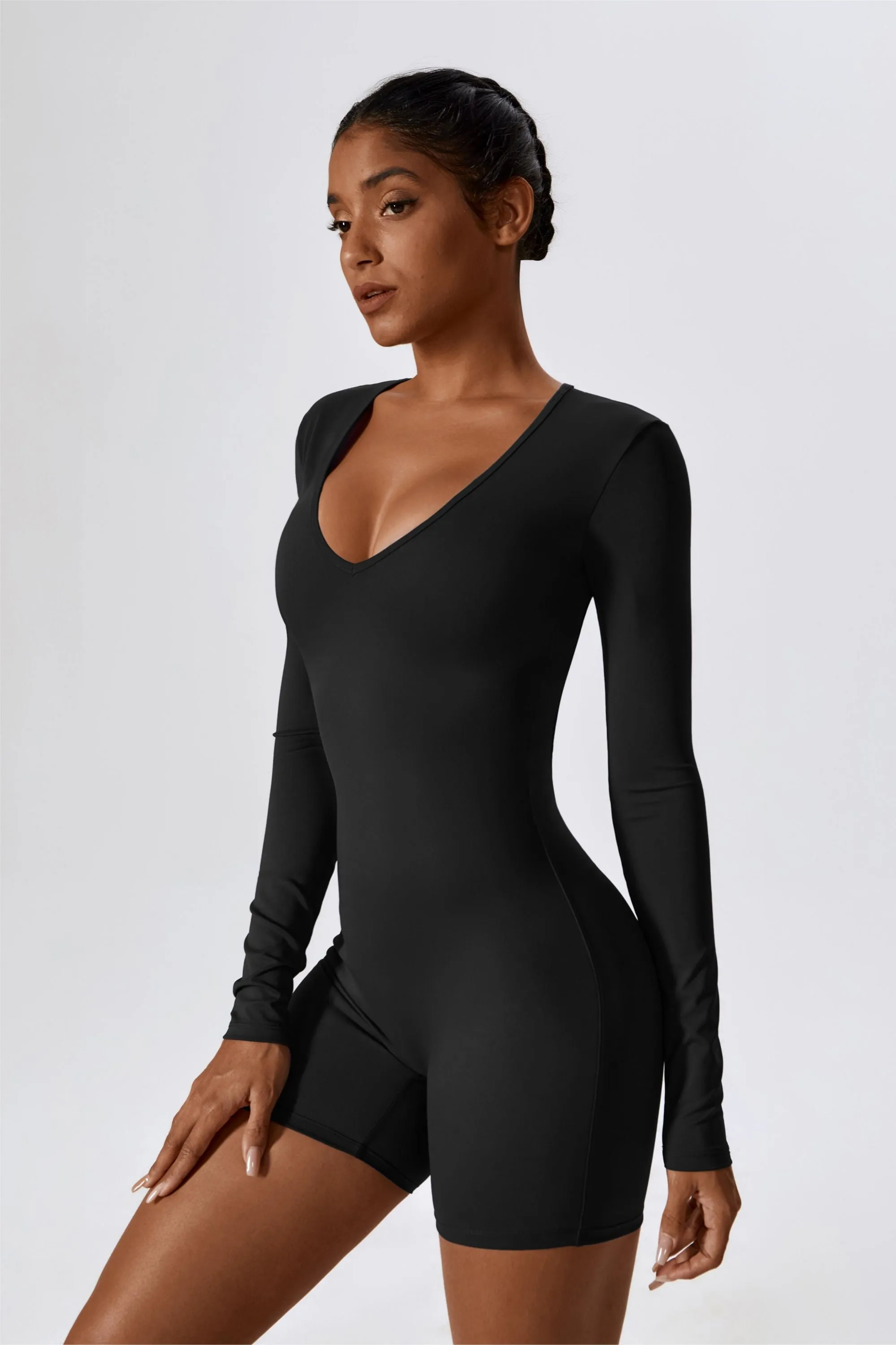 Long Sleeve Plunge Workout Romper Shorts