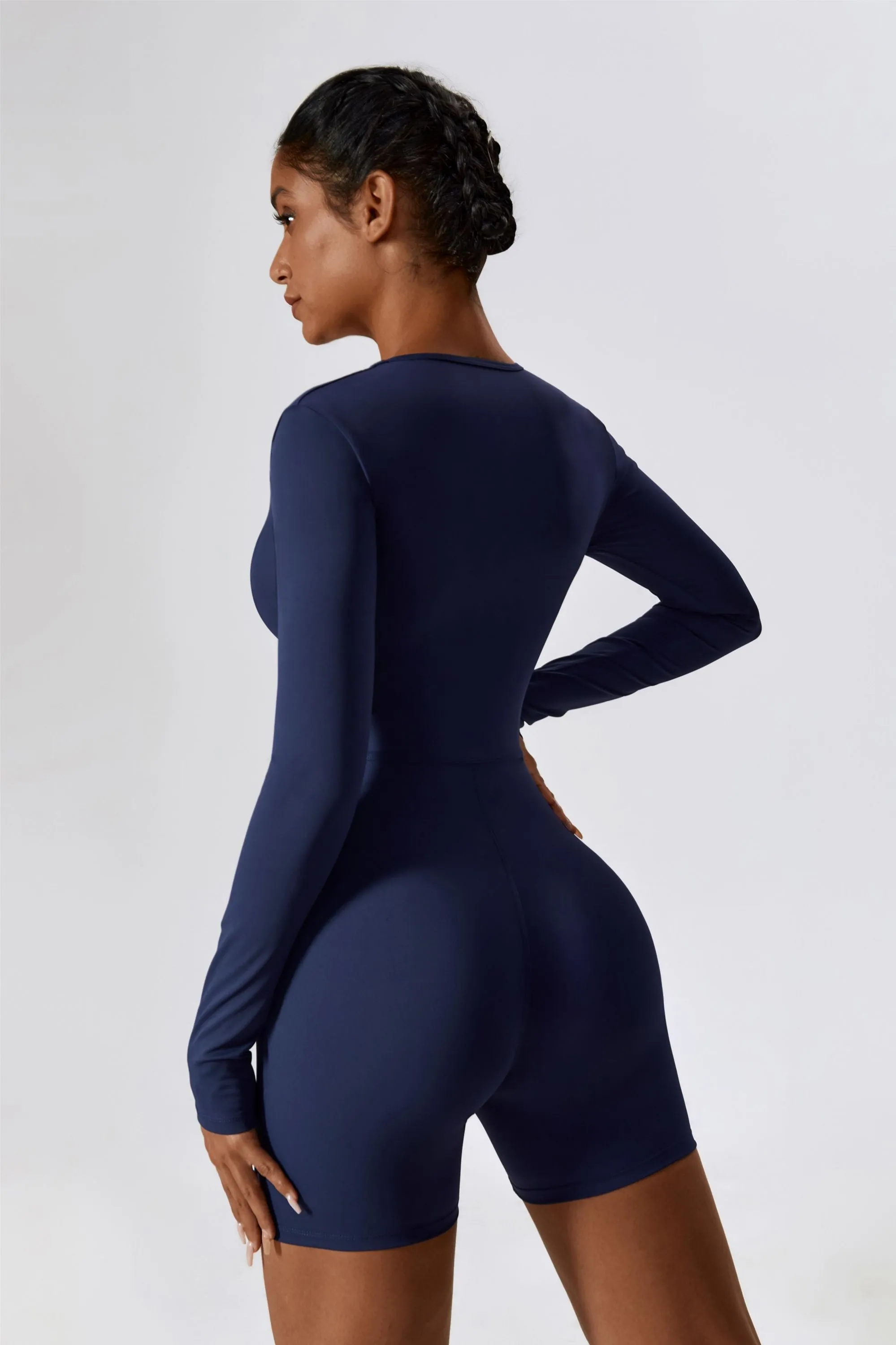 Long Sleeve Plunge Workout Romper Shorts