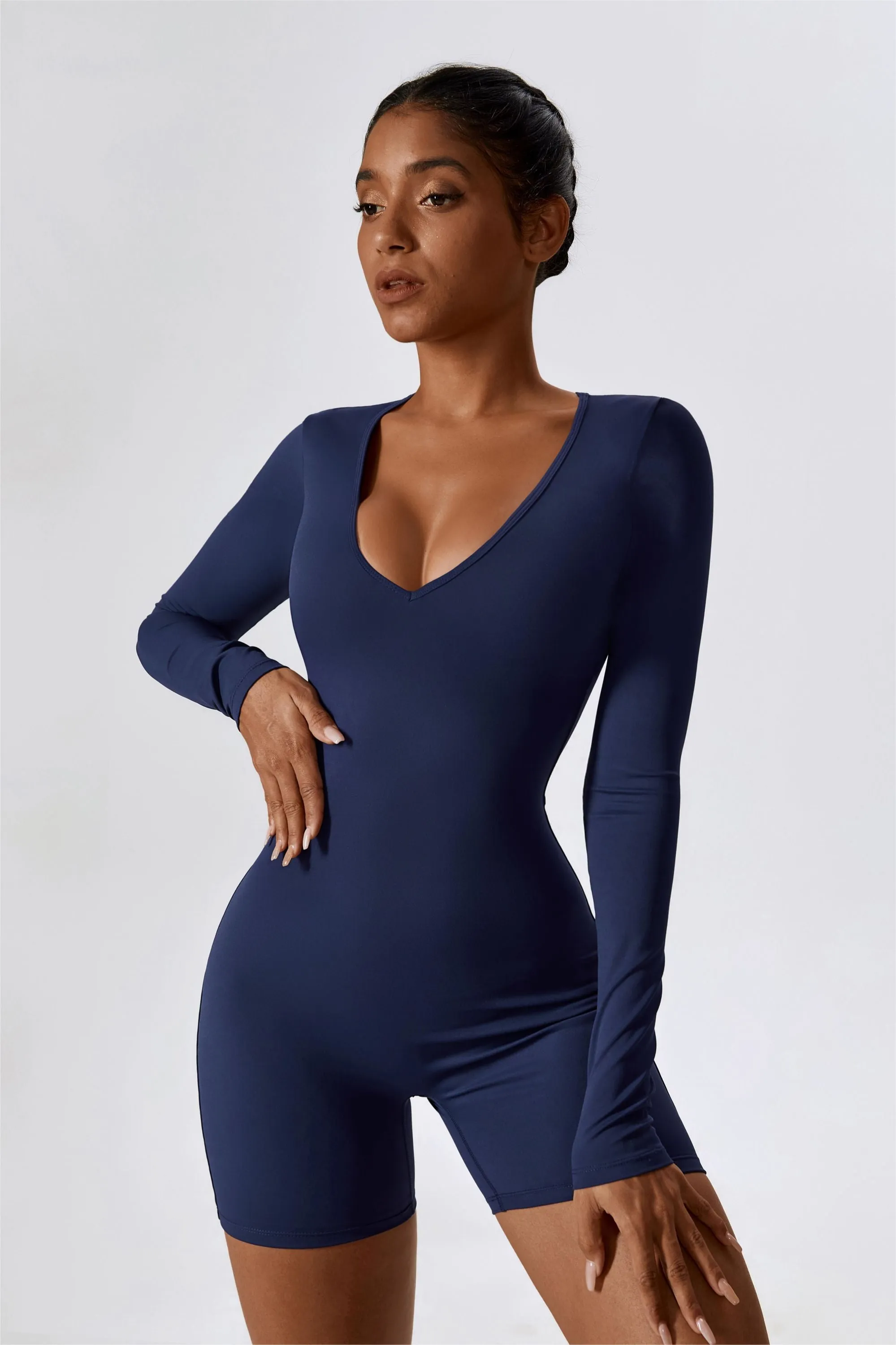 Long Sleeve Plunge Workout Romper Shorts