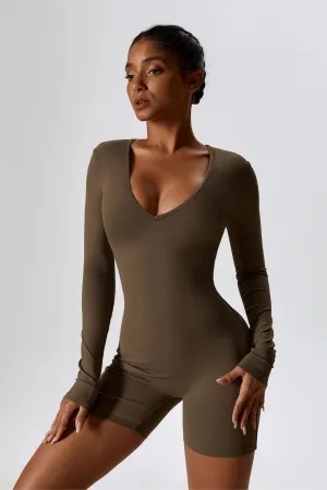 Long Sleeve Plunge Workout Romper Shorts