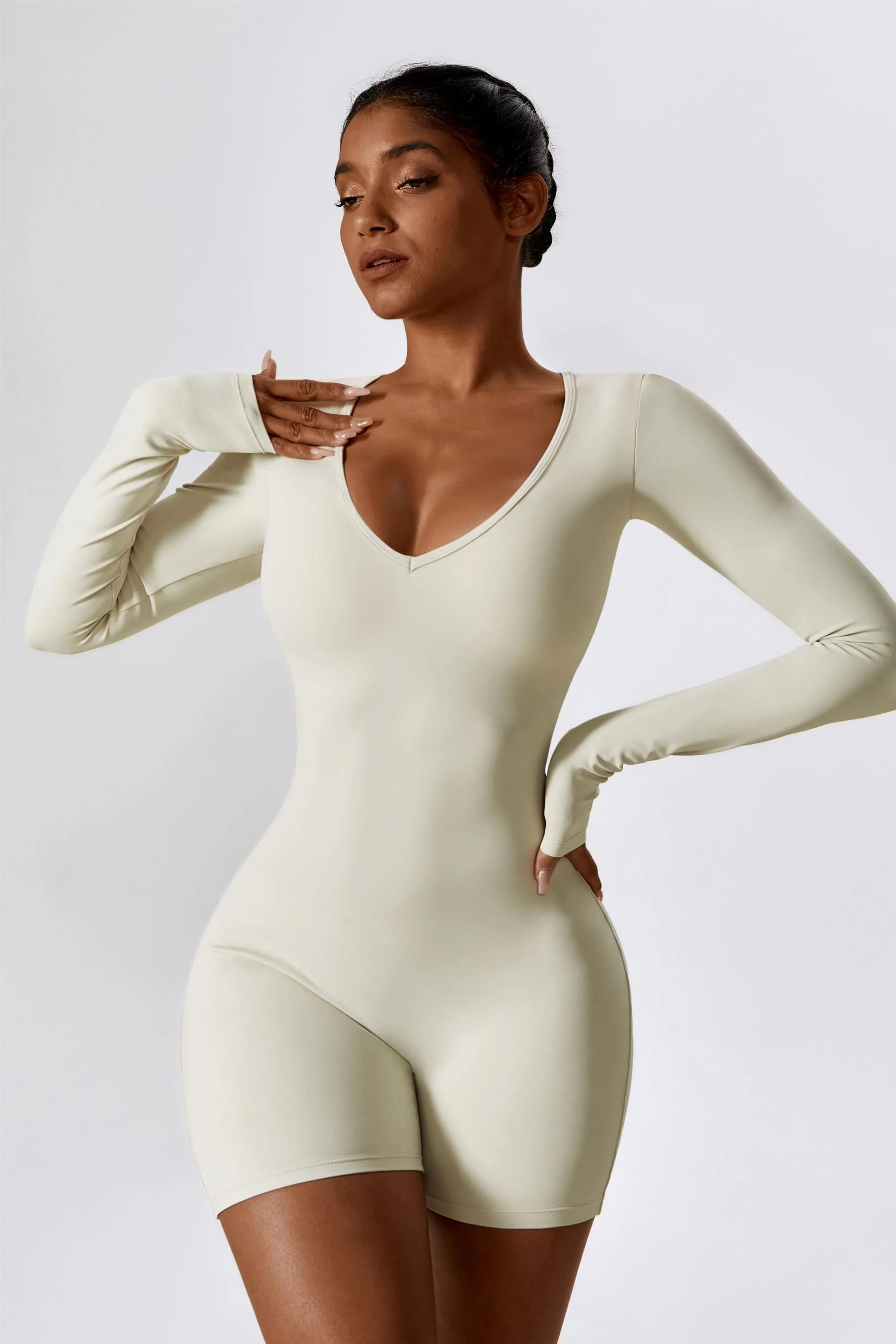 Long Sleeve Plunge Workout Romper Shorts
