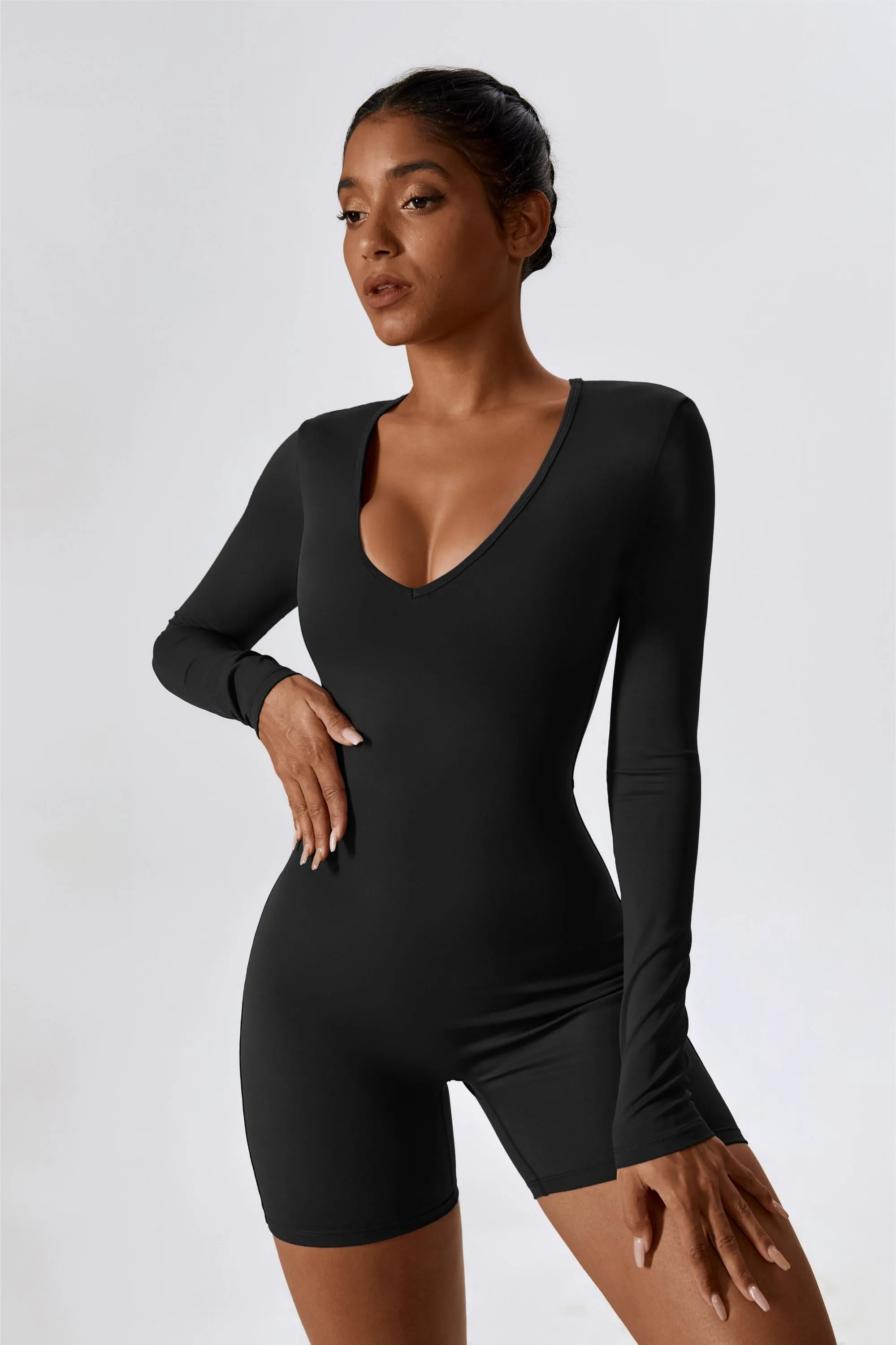 Long Sleeve Plunge Workout Romper Shorts
