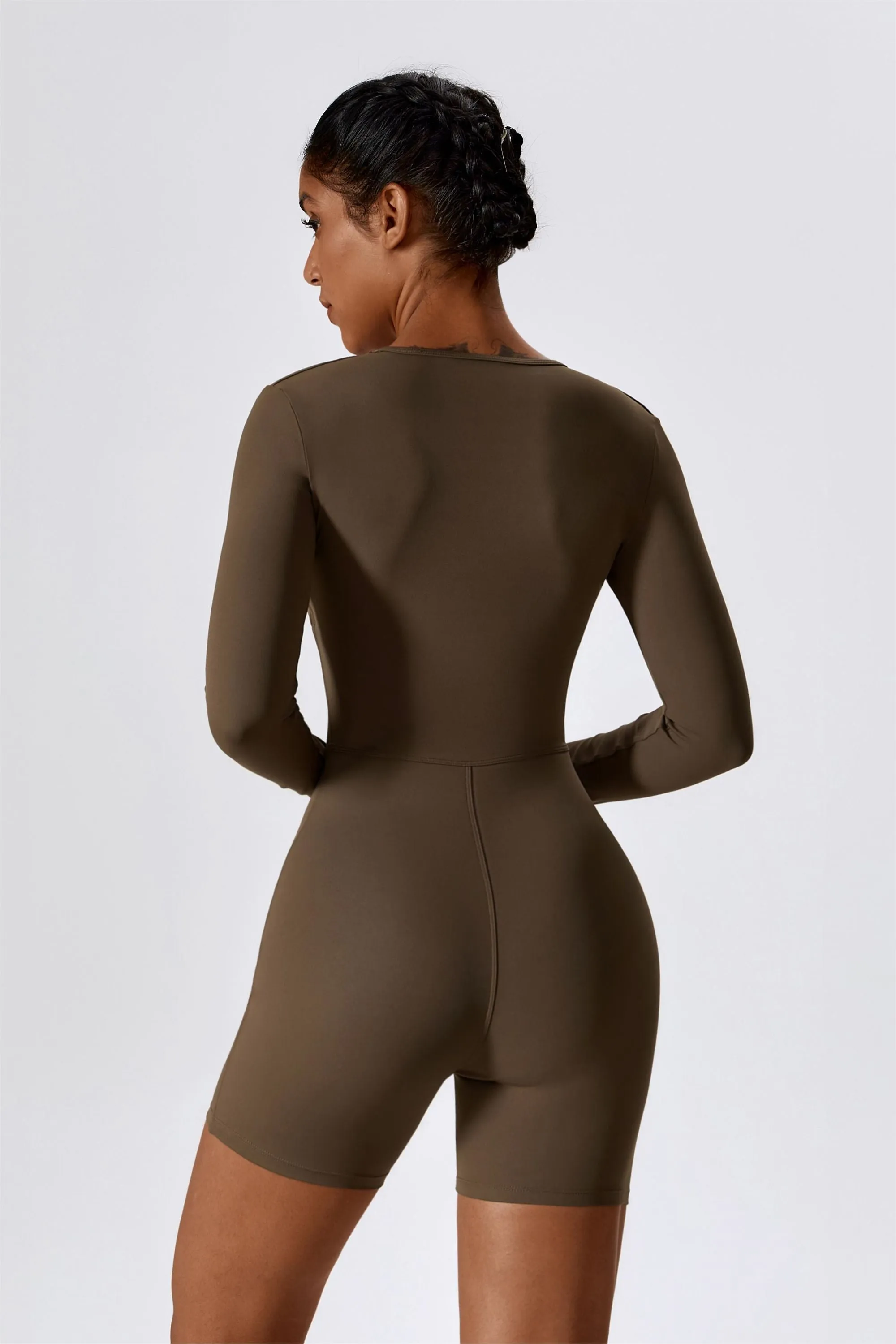 Long Sleeve Plunge Workout Romper Shorts