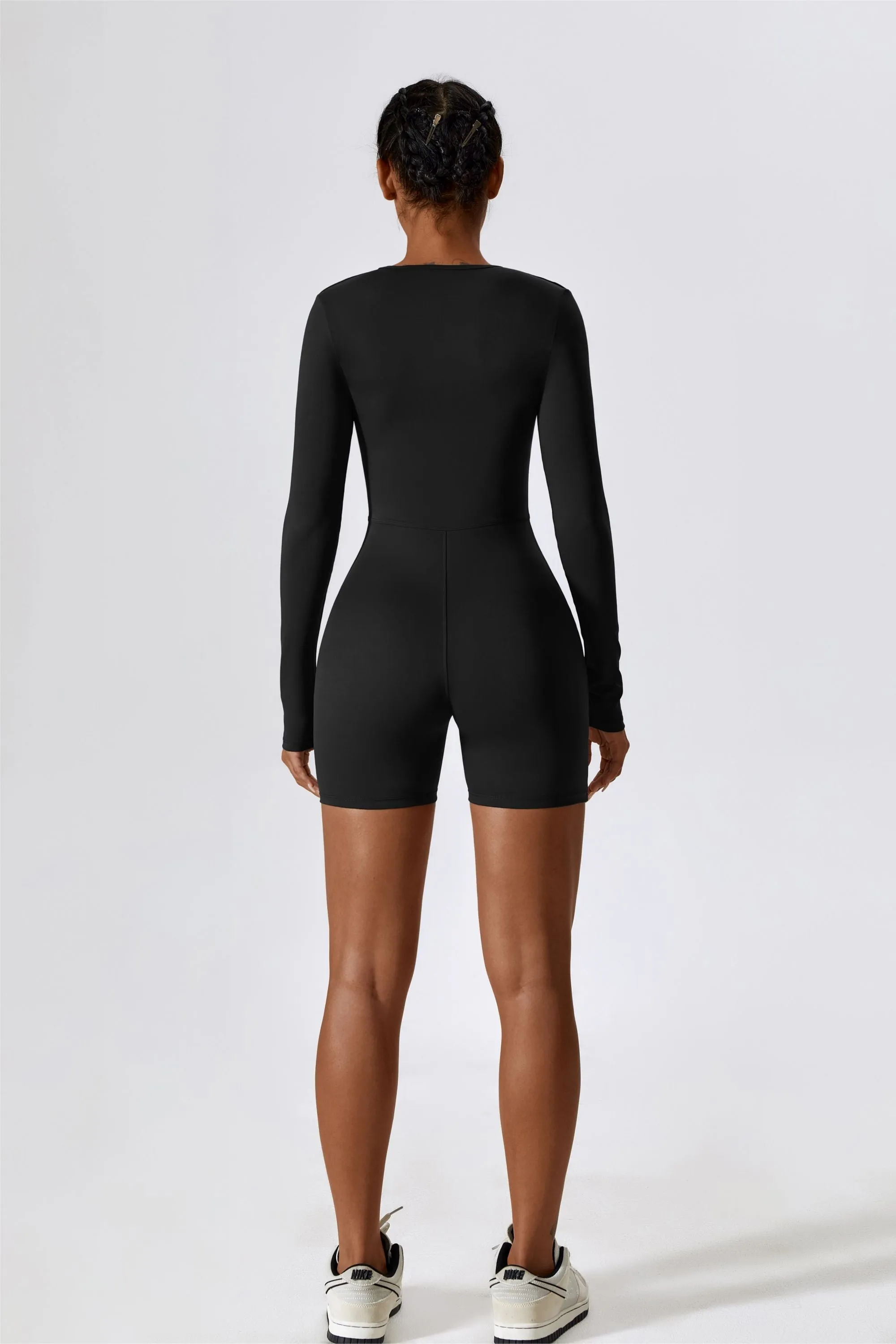 Long Sleeve Plunge Workout Romper Shorts