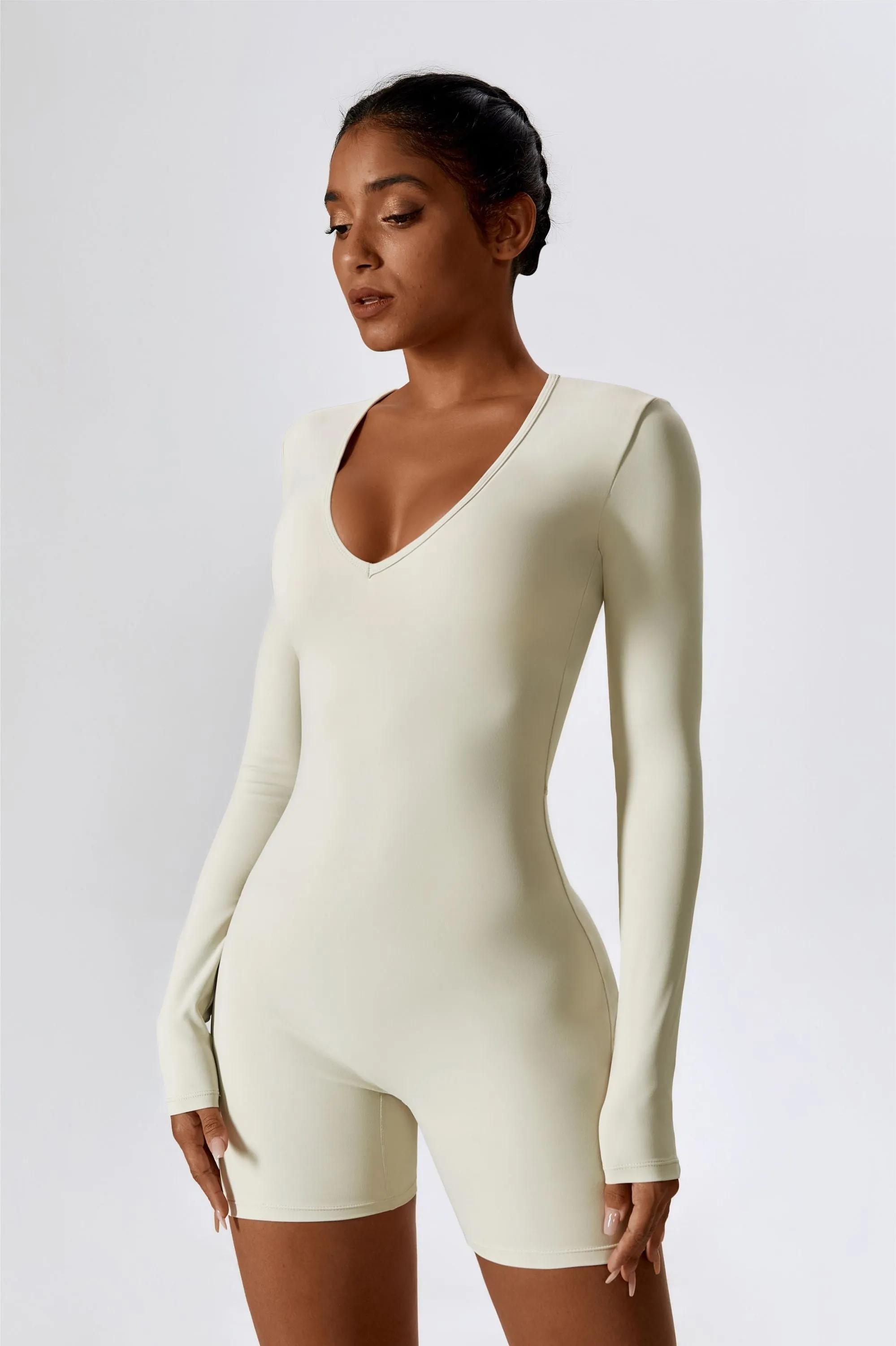 Long Sleeve Plunge Workout Romper Shorts