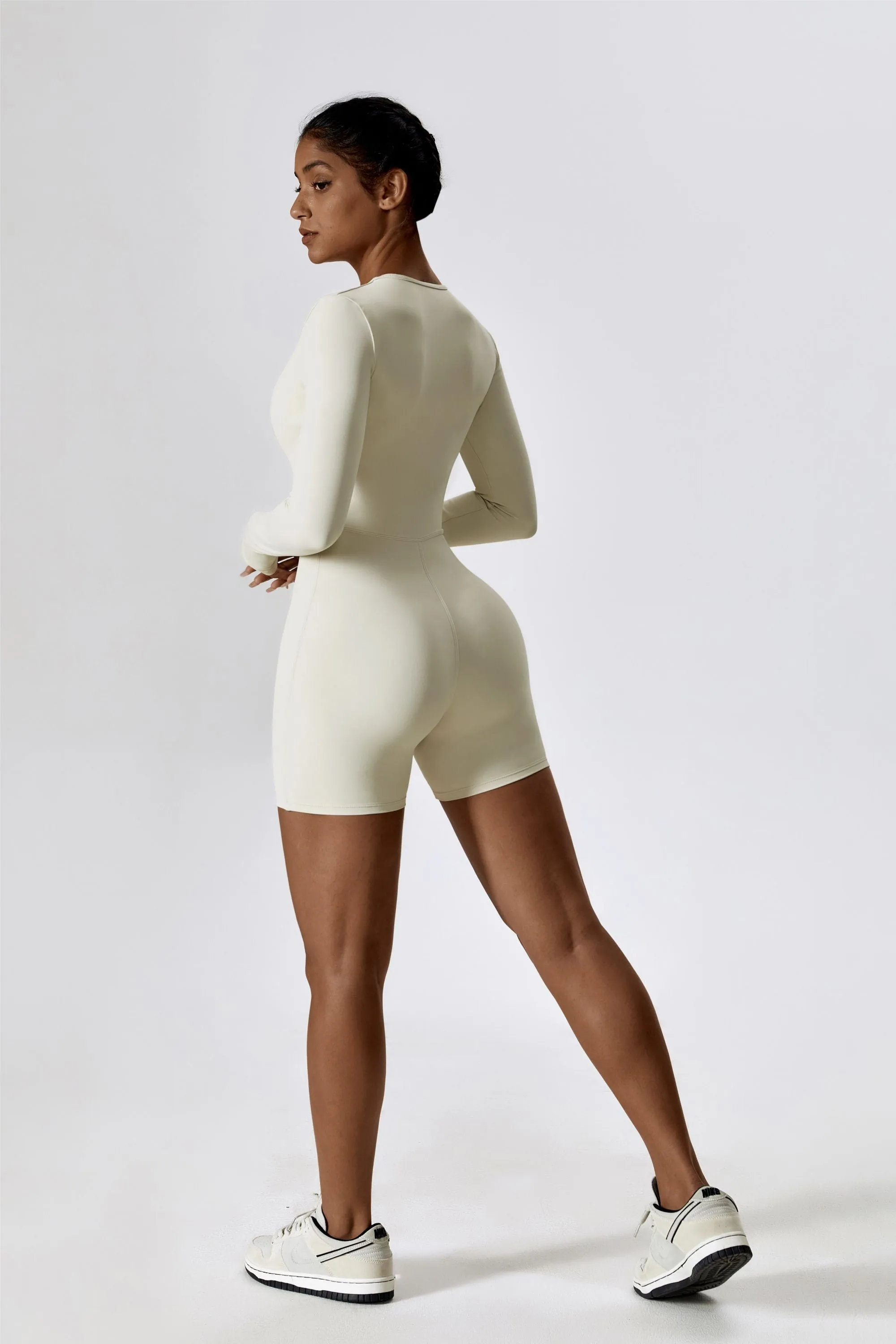 Long Sleeve Plunge Workout Romper Shorts